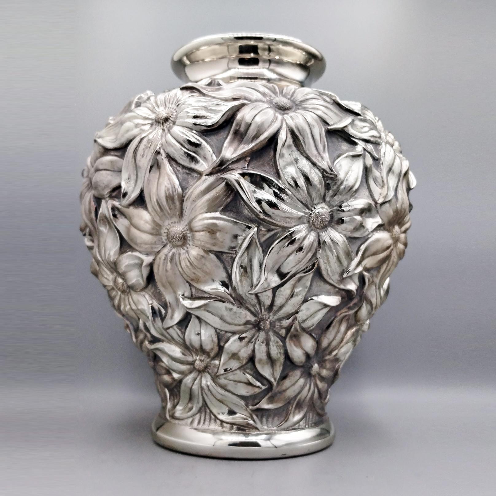 Frosted XX Century Italian Sterling Silver Vase with Lilies