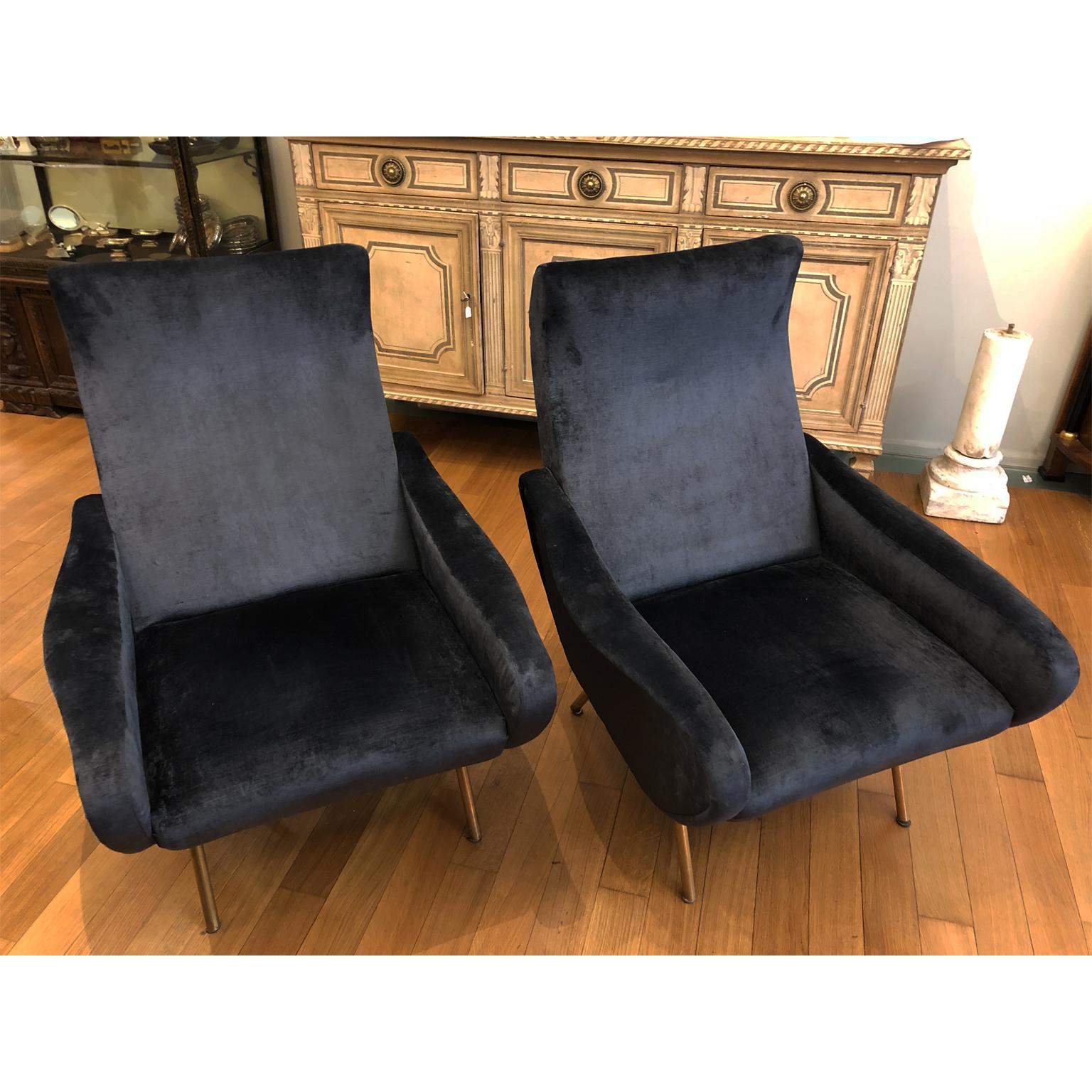 20th Century Couple Armchairs Bluegray Velvet 1960 Italian Design For Sale 7