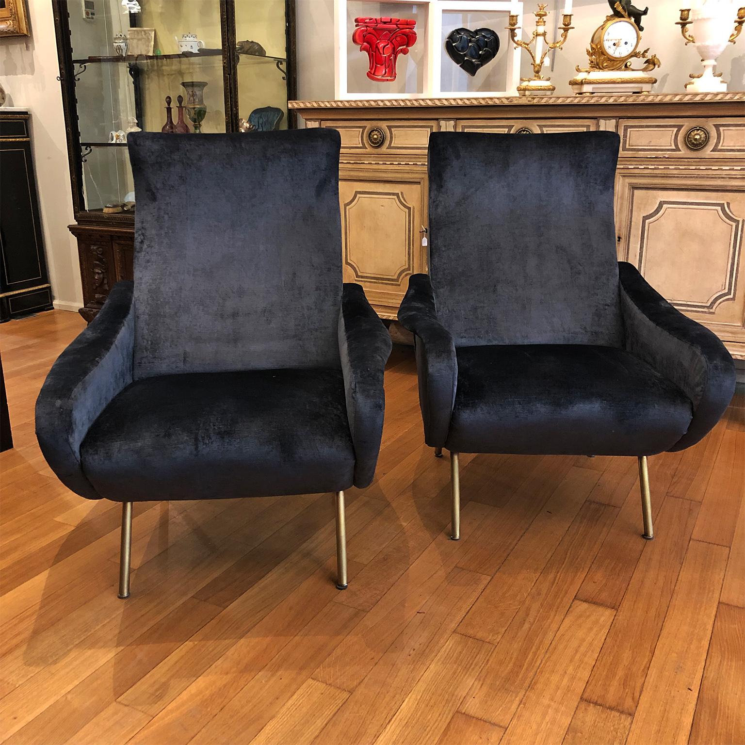 Other 20th Century Couple Armchairs Bluegray Velvet 1960 Italian Design For Sale
