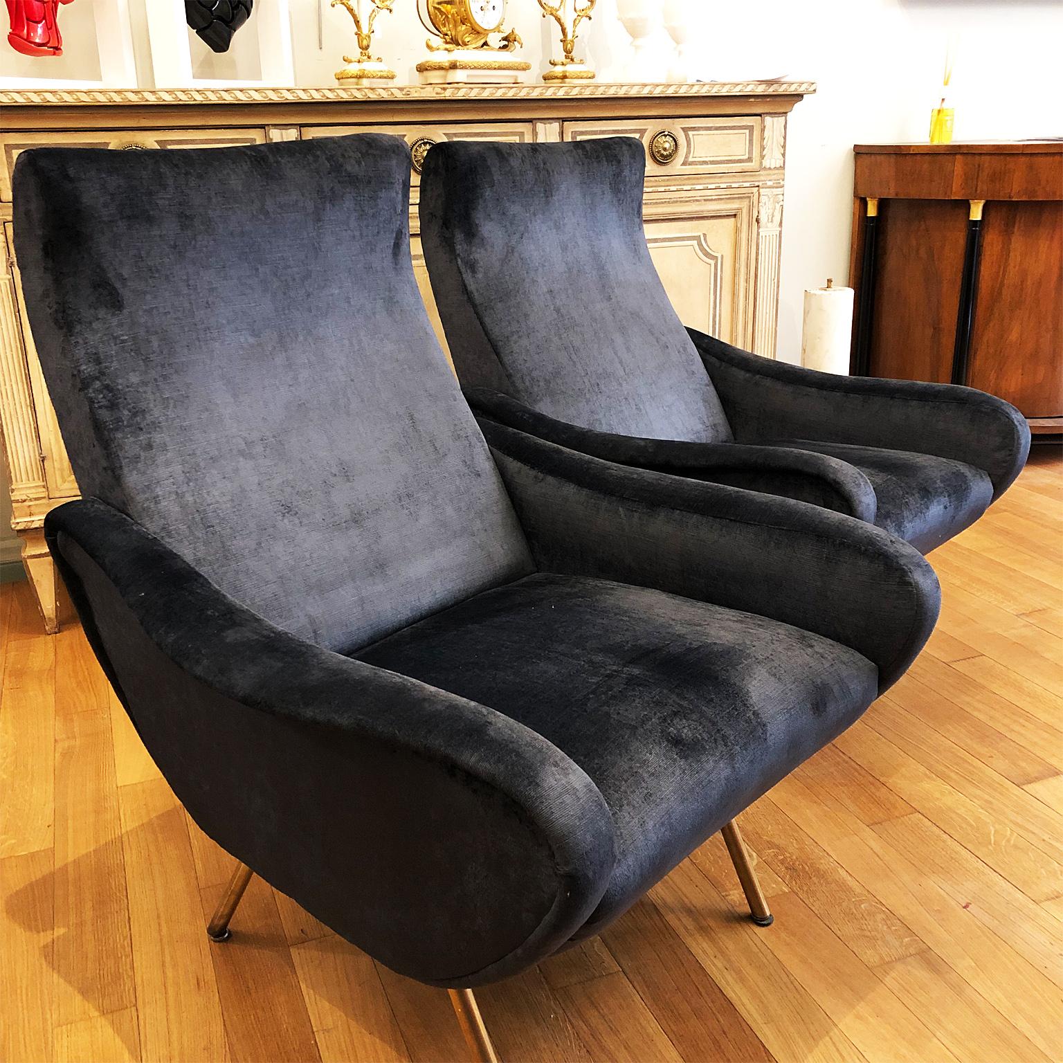 French 20th Century Couple Armchairs Bluegray Velvet 1960 Italian Design For Sale