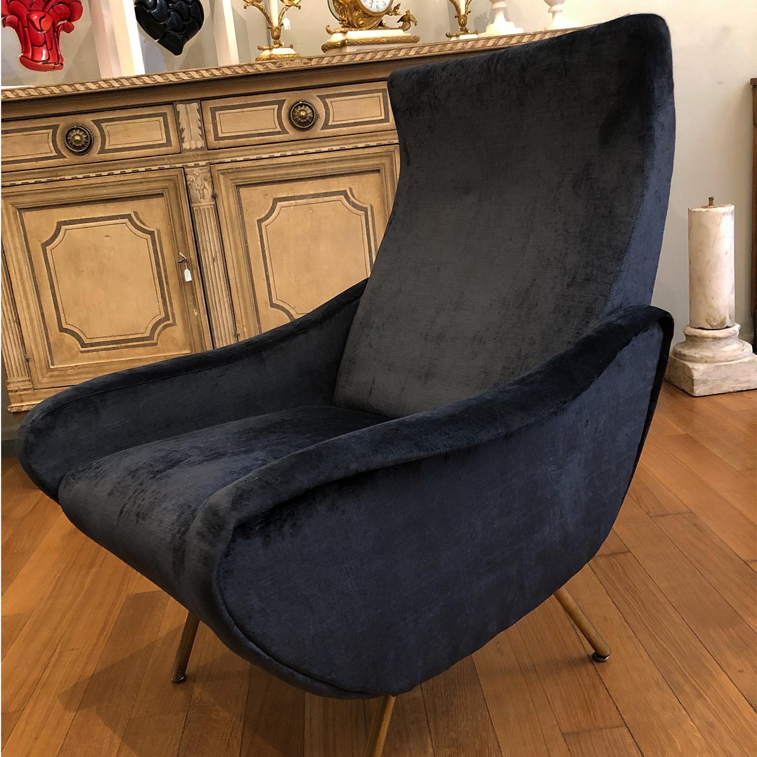 20th Century Couple Armchairs Bluegray Velvet 1960 Italian Design For Sale 3