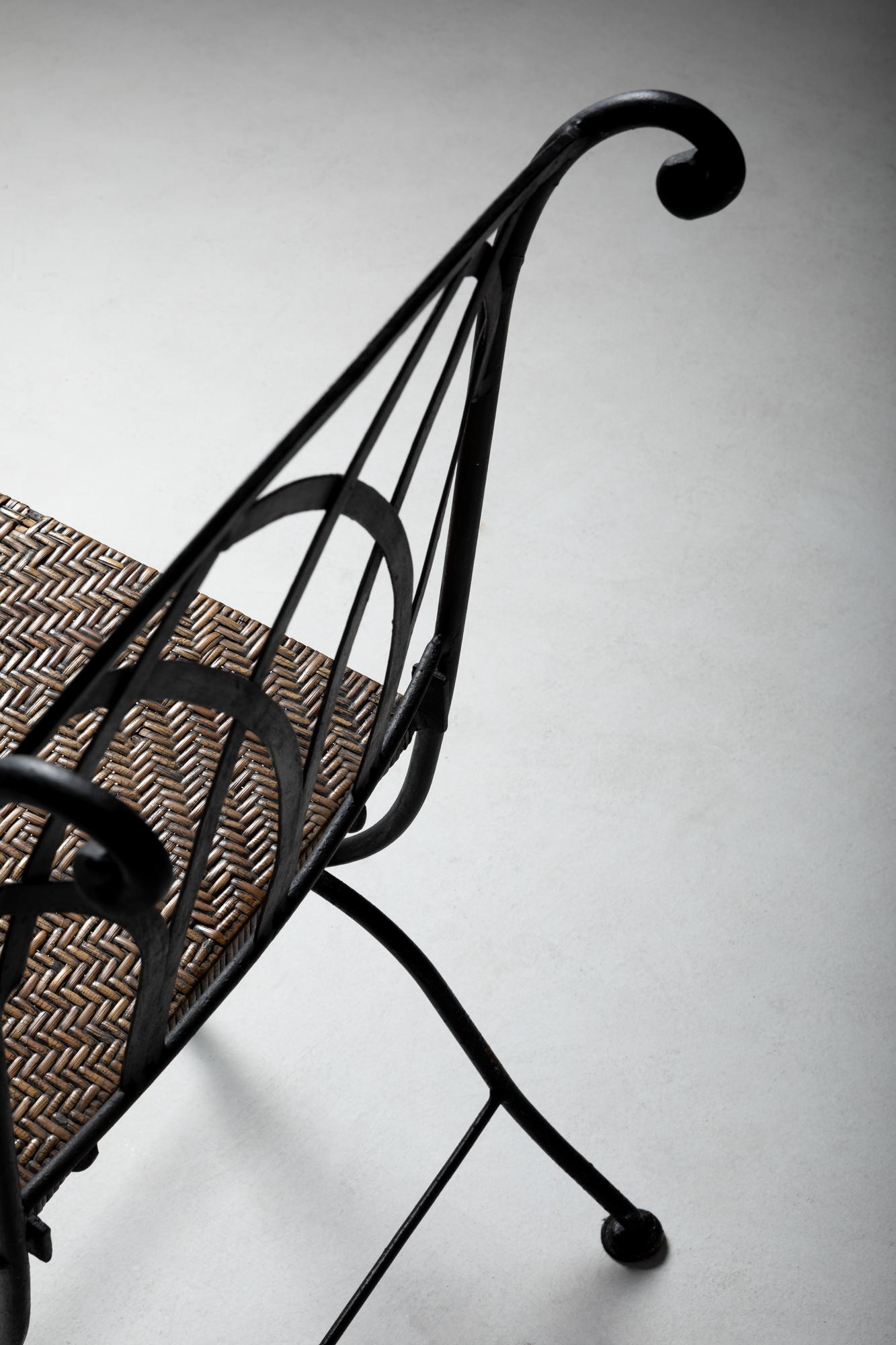 Straw XX Century French Garden Iron Bench and Two Chairs For Sale