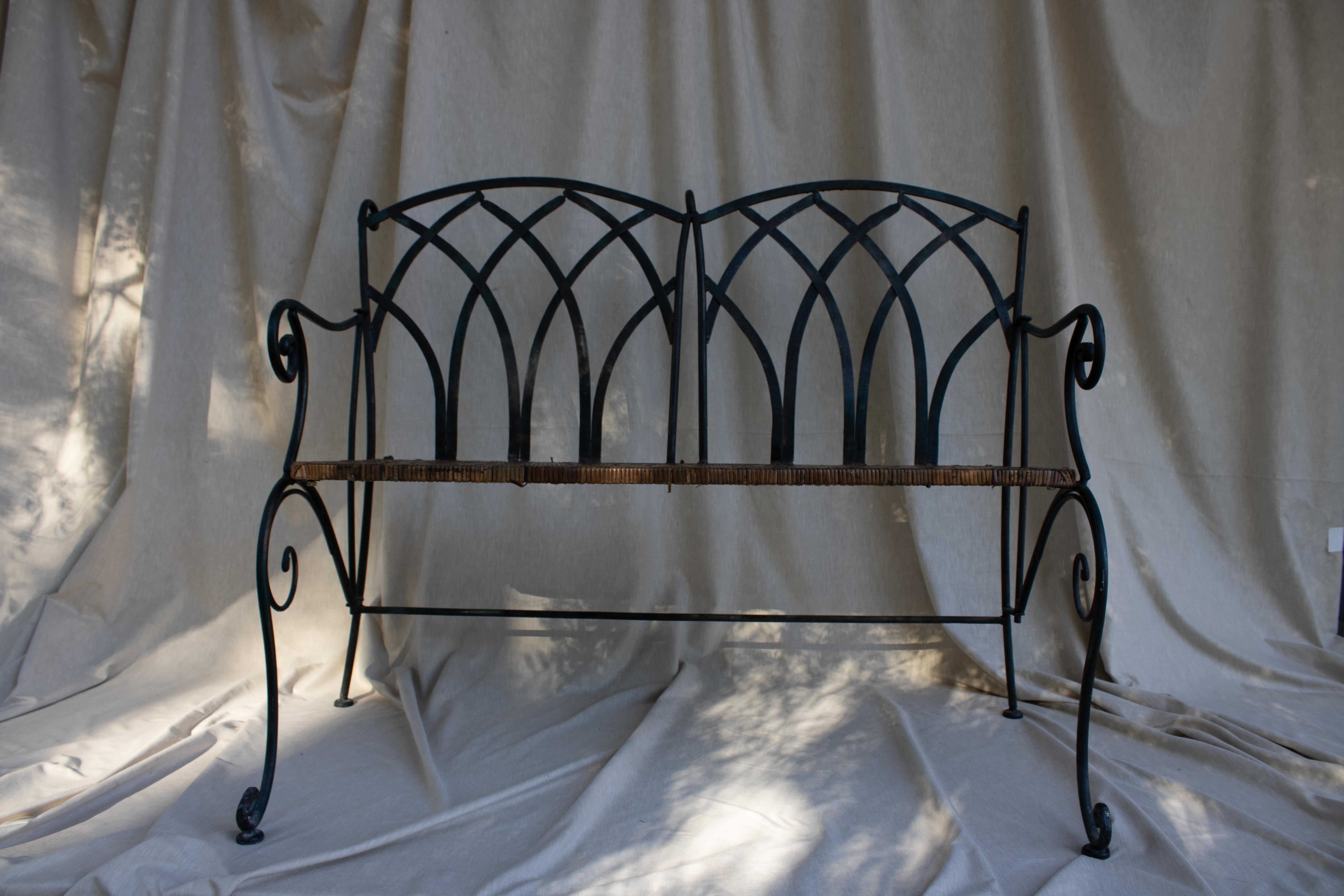 French garden benches made from iron and straw are a charming and rustic variation of traditional garden benches. These benches typically feature a sturdy iron frame for durability and stability, combined with a seat and sometimes a backrest made