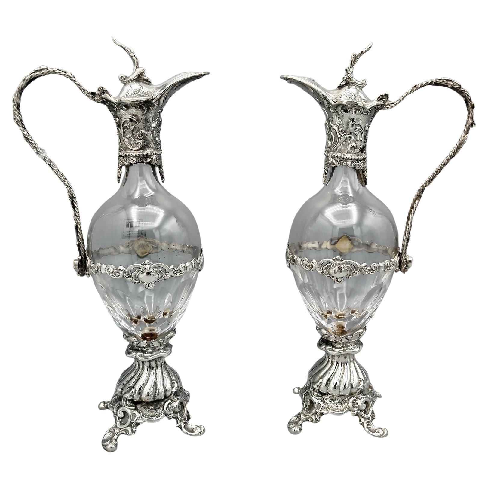 XX Century Italian  pair of 800 silver and crystal amphorae