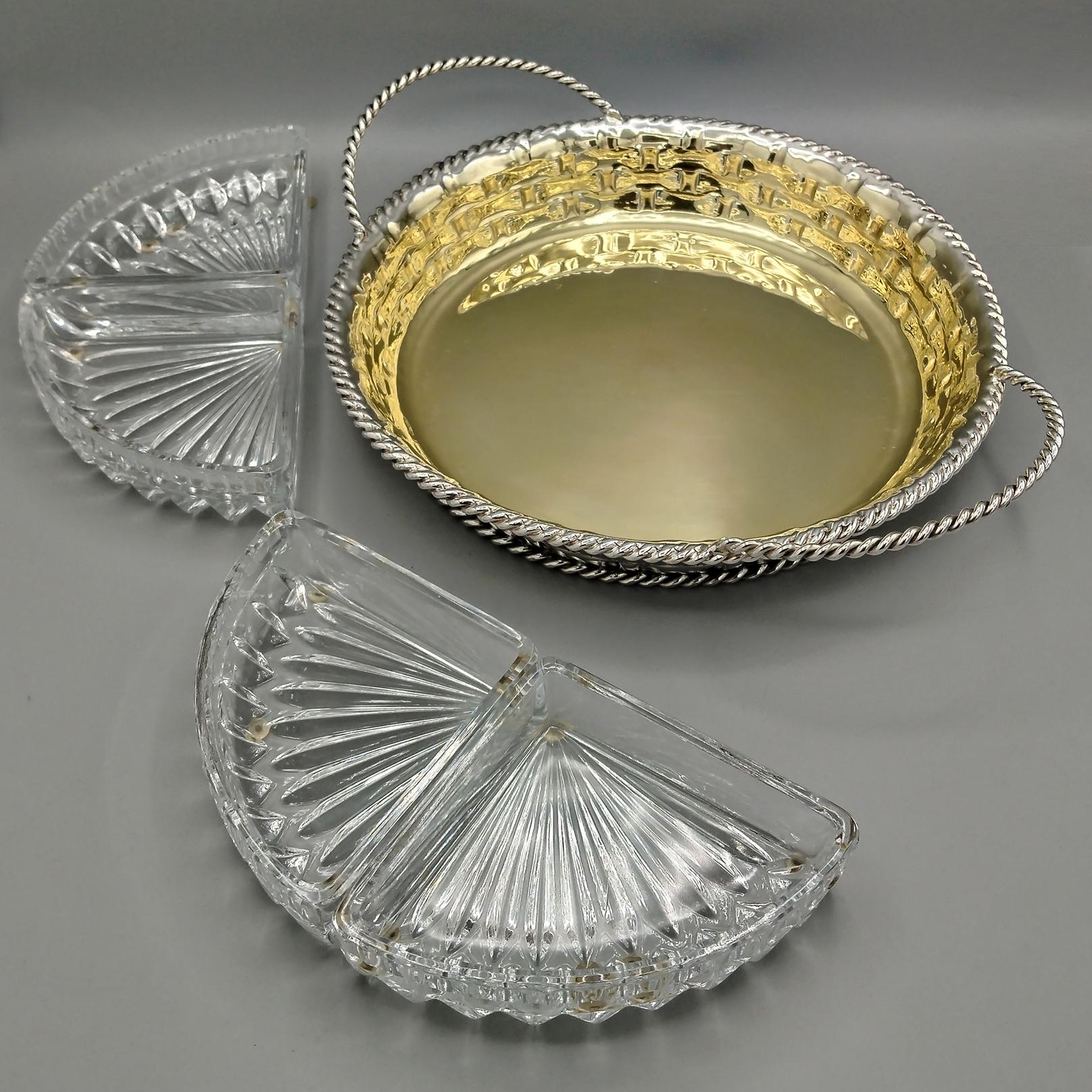 Bandeja para aperitivos o aperitivos de plata maciza 800 italiana del siglo XX 4 cristales 2
