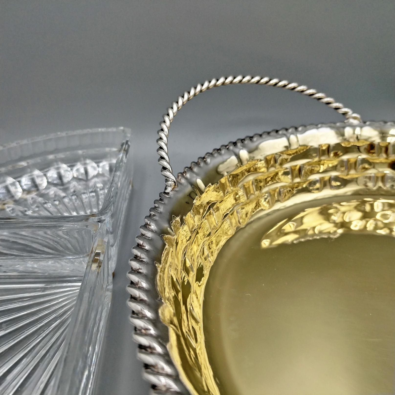 Bandeja para aperitivos o aperitivos de plata maciza 800 italiana del siglo XX 4 cristales 3