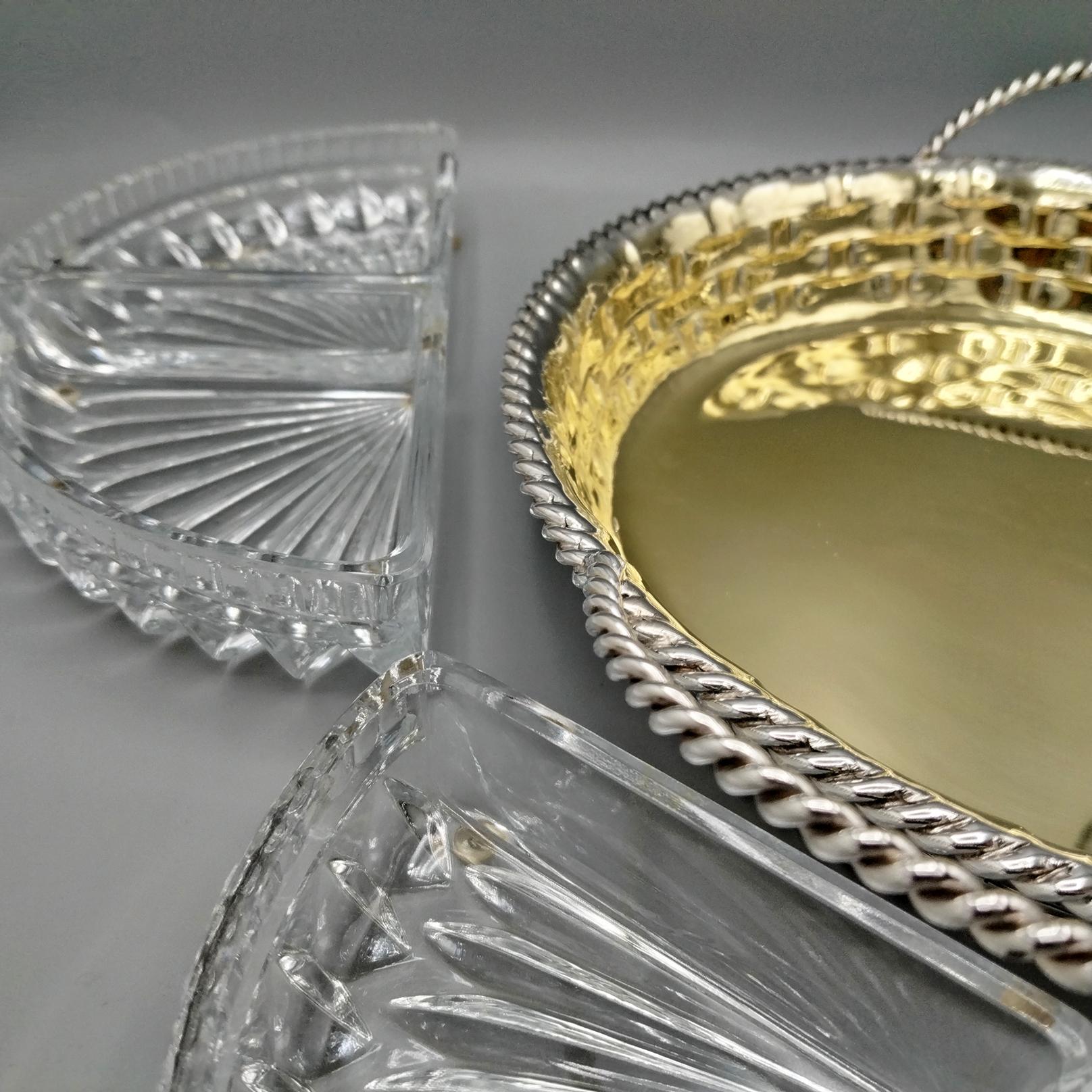 Bandeja para aperitivos o aperitivos de plata maciza 800 italiana del siglo XX 4 cristales 4
