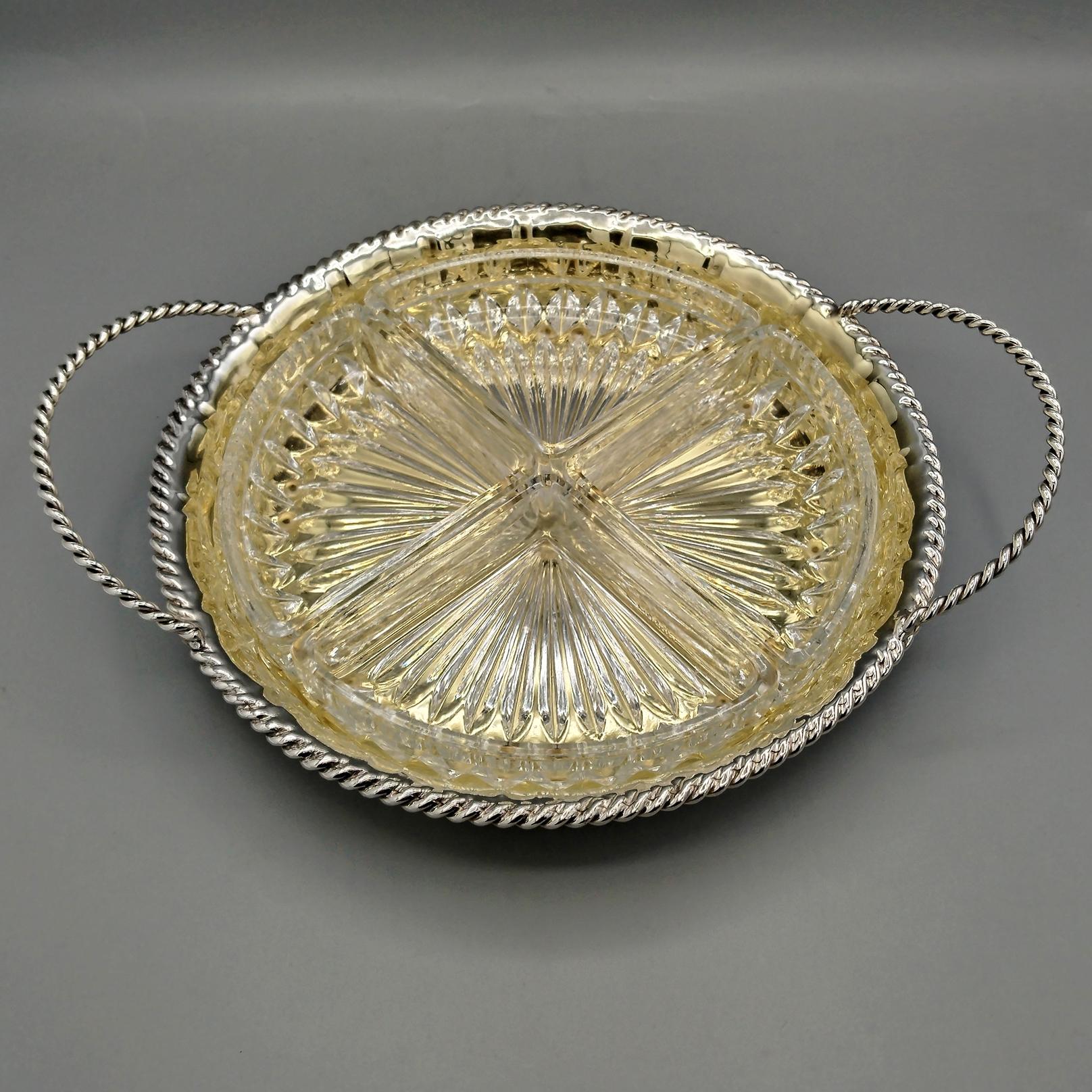 Bandeja para aperitivos o aperitivos de plata maciza 800 italiana del siglo XX 4 cristales Otro