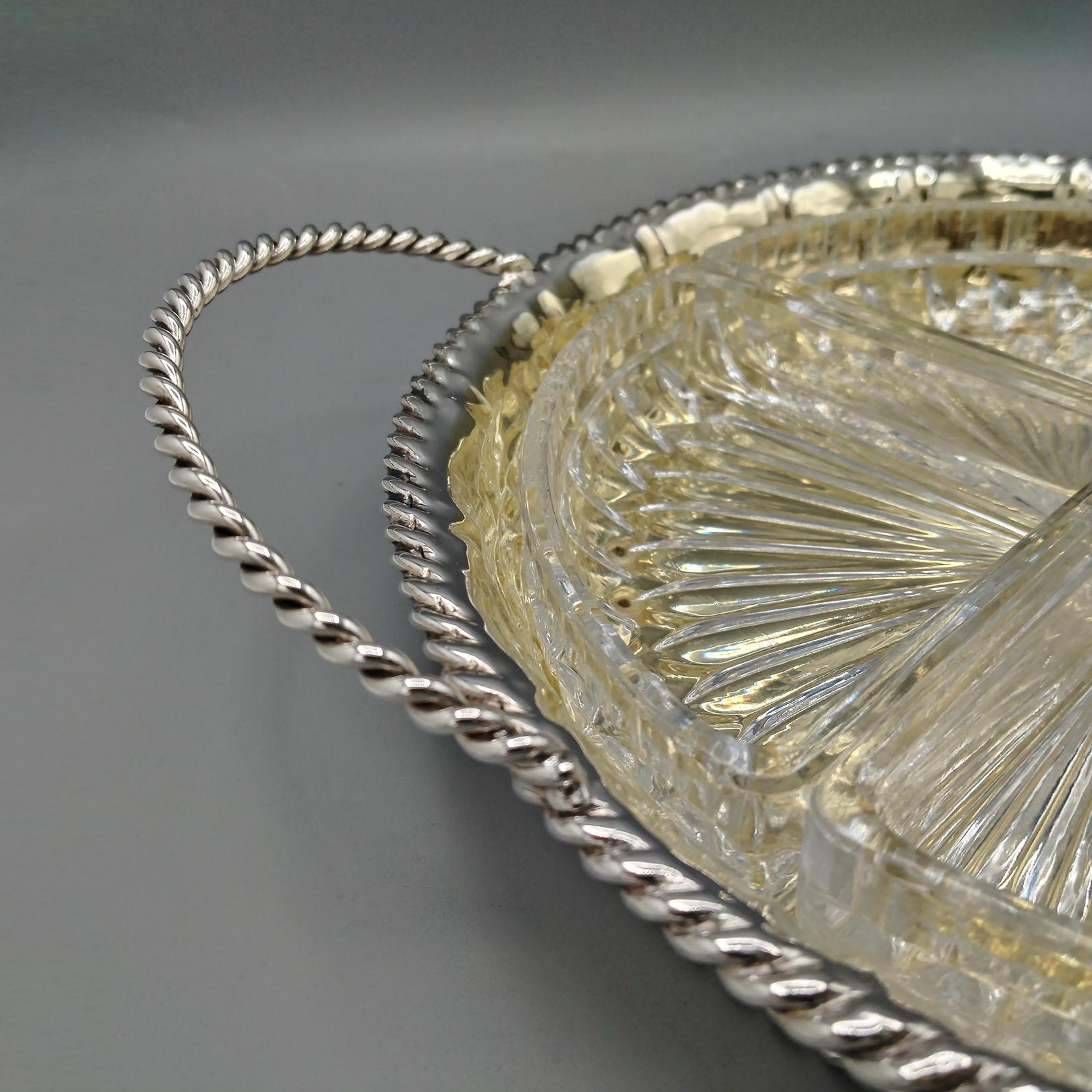 Bandeja para aperitivos o aperitivos de plata maciza 800 italiana del siglo XX 4 cristales Italiano
