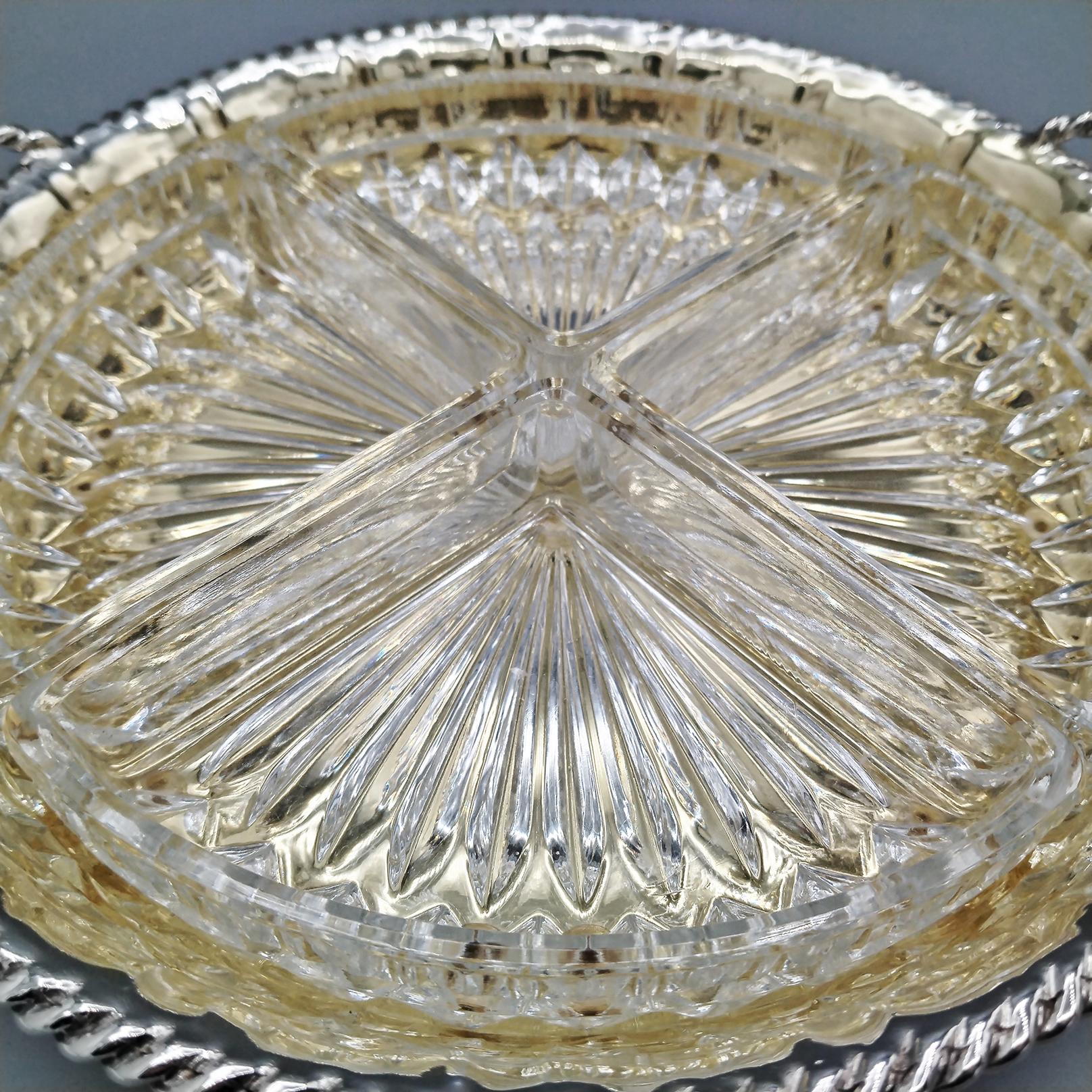 Bandeja para aperitivos o aperitivos de plata maciza 800 italiana del siglo XX 4 cristales Hecho a mano