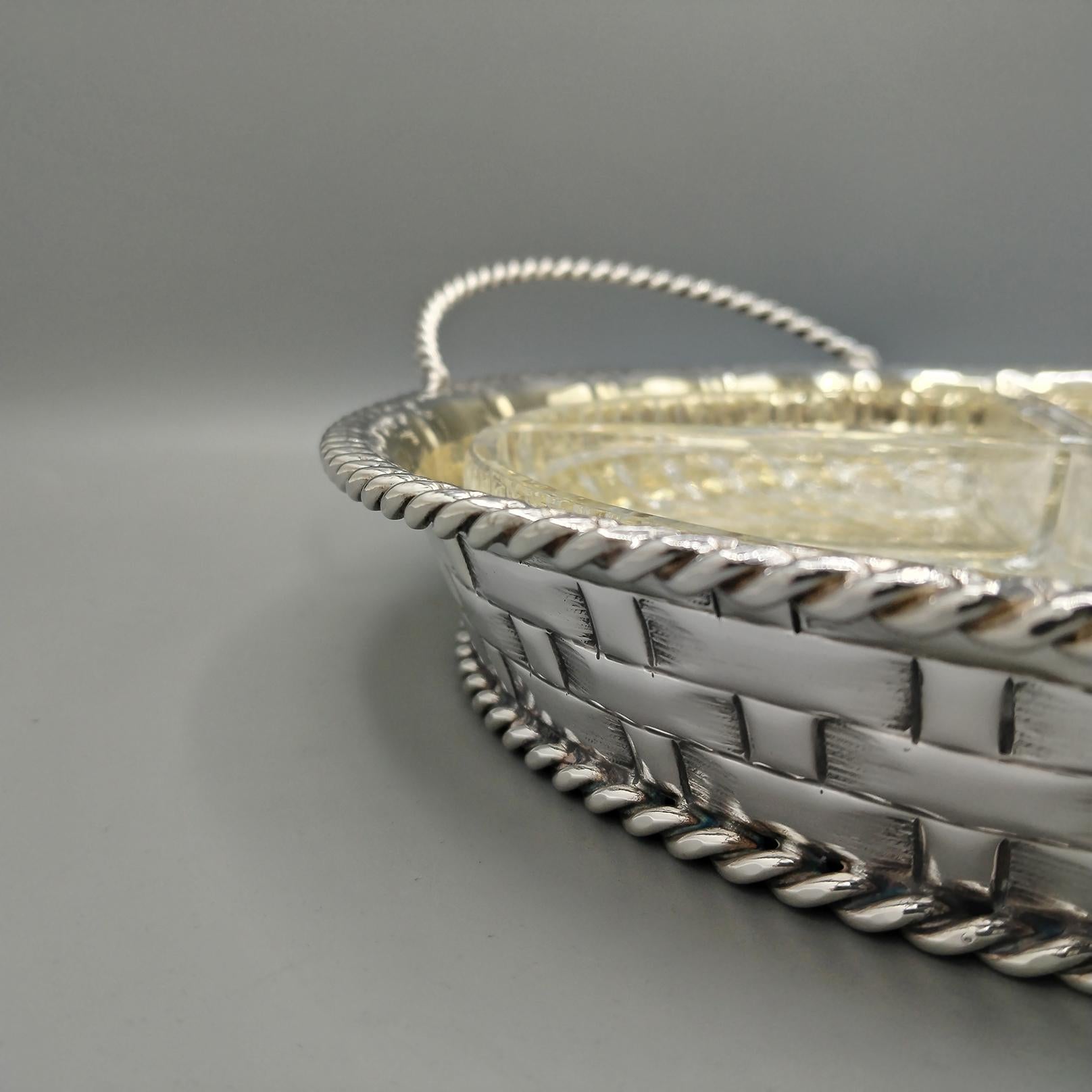 Bandeja para aperitivos o aperitivos de plata maciza 800 italiana del siglo XX 4 cristales Silver