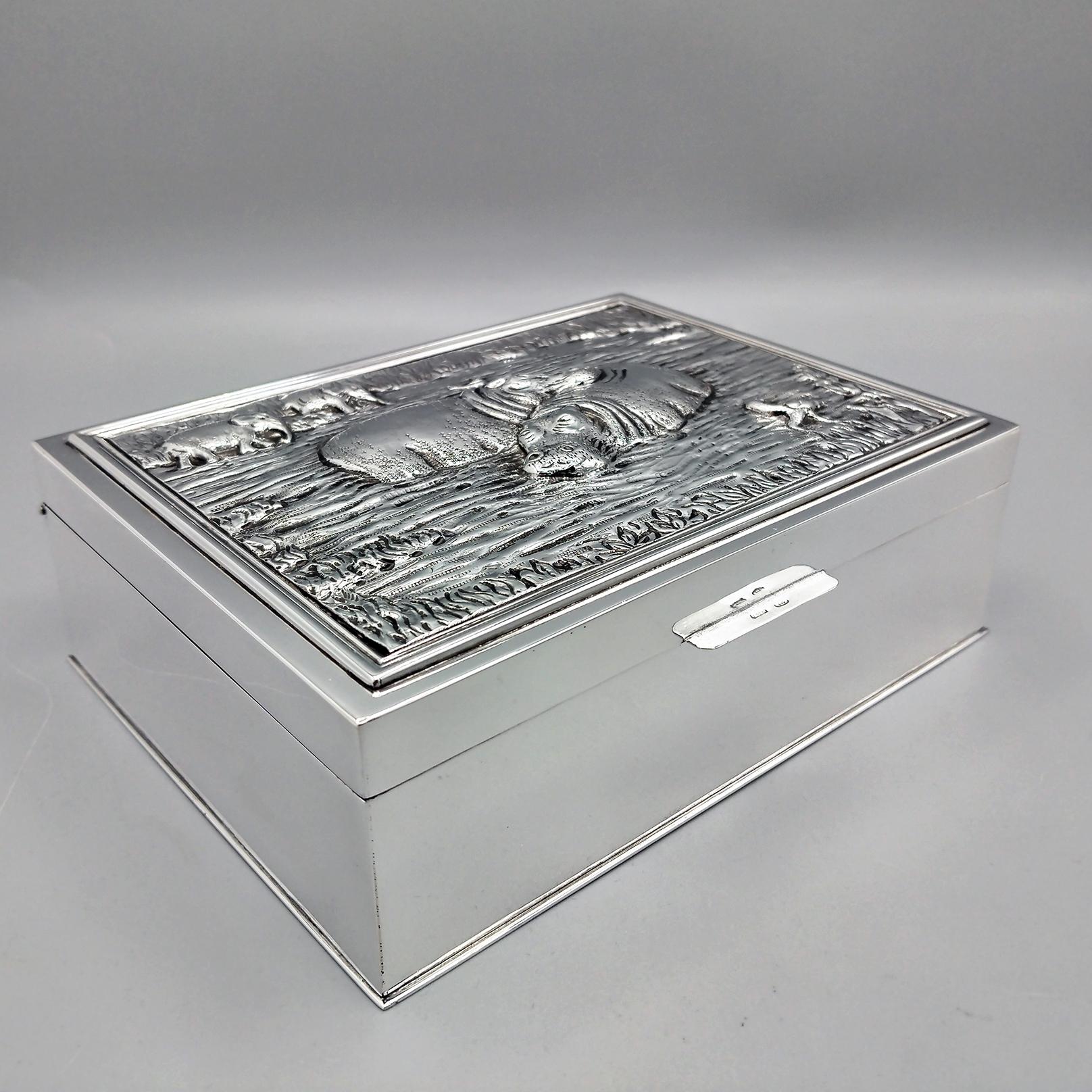 Other XX Century Italian Solid 800 Silver Decorative Box with Hippos Elephants Birds For Sale
