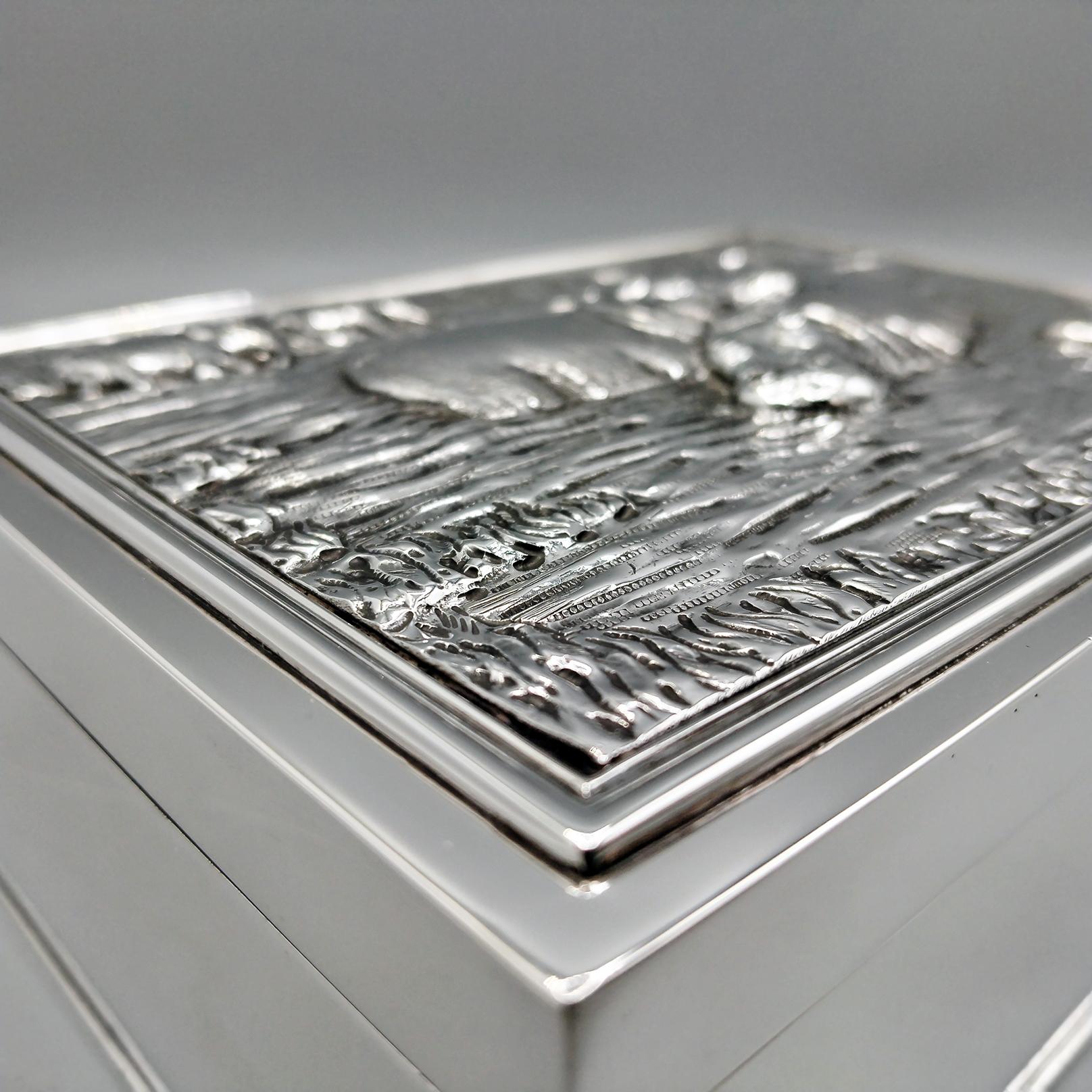 Gilt XX Century Italian Solid 800 Silver Decorative Box with Hippos Elephants Birds For Sale