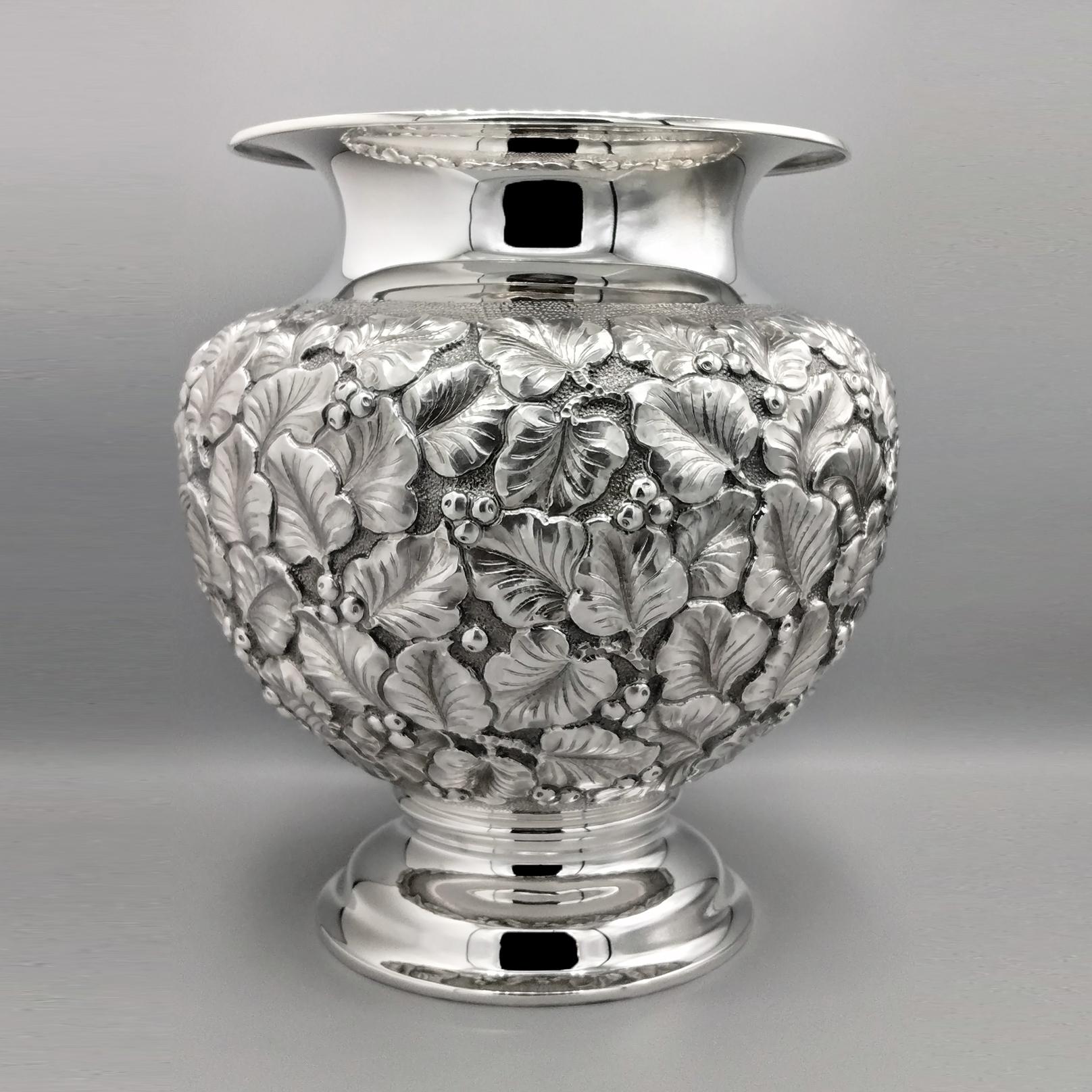 Hammered XX Century Italian Solid 800 Silver Vase with Leaves and Berries For Sale