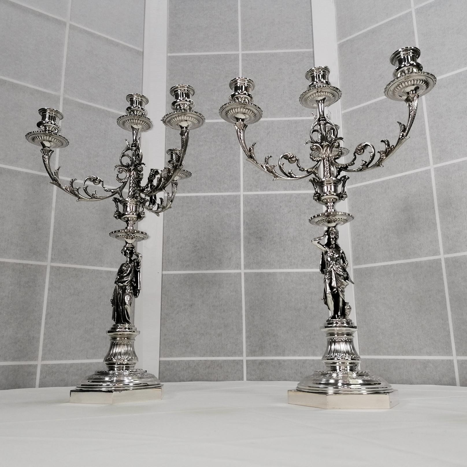 Neoclassical Revival XX Century Italian Solid Silver pair of Candelabras For Sale