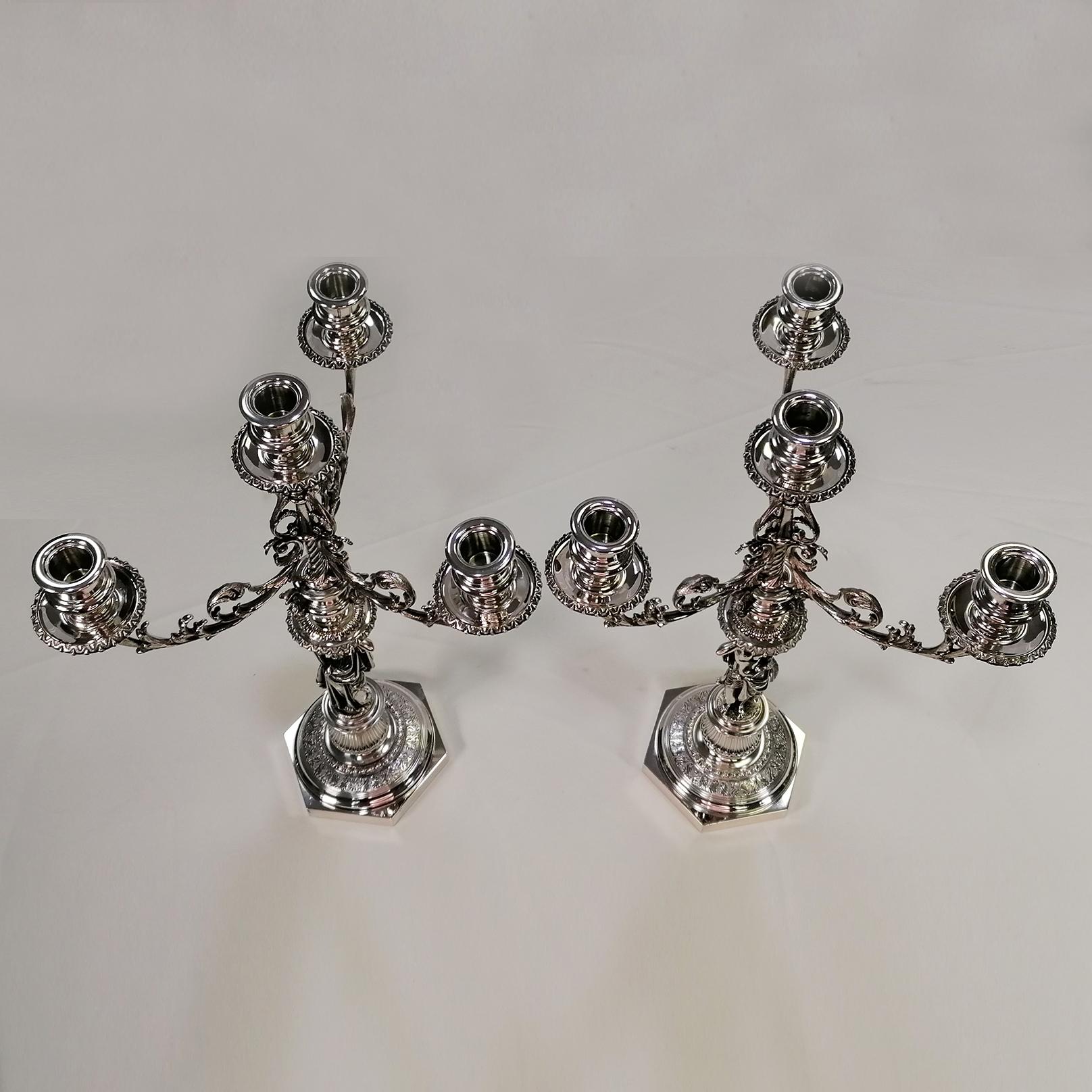 Forged XX Century Italian Solid Silver pair of Candelabras For Sale