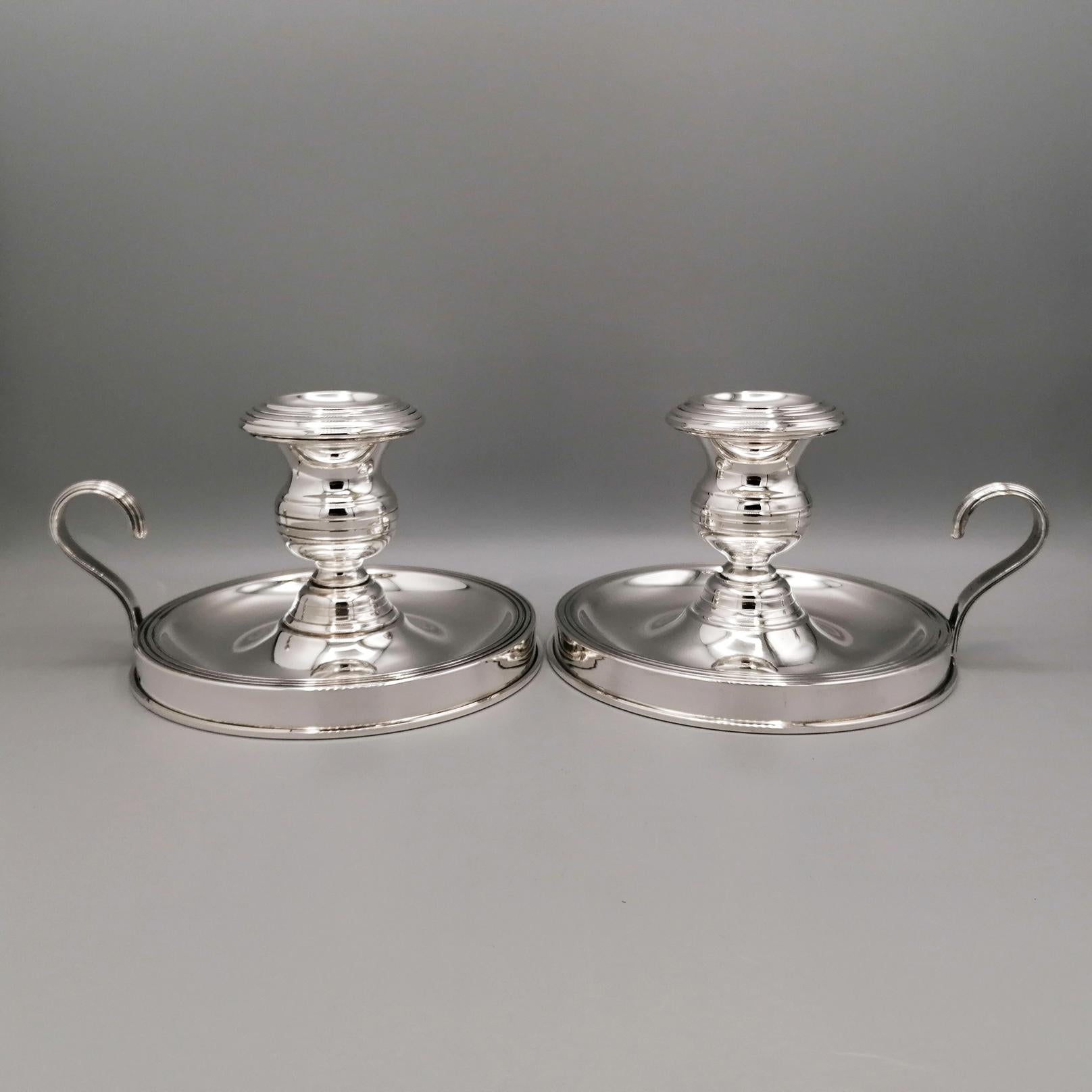 George III XX° Century Italian Sterling Silver Pair of Chamberscticks For Sale