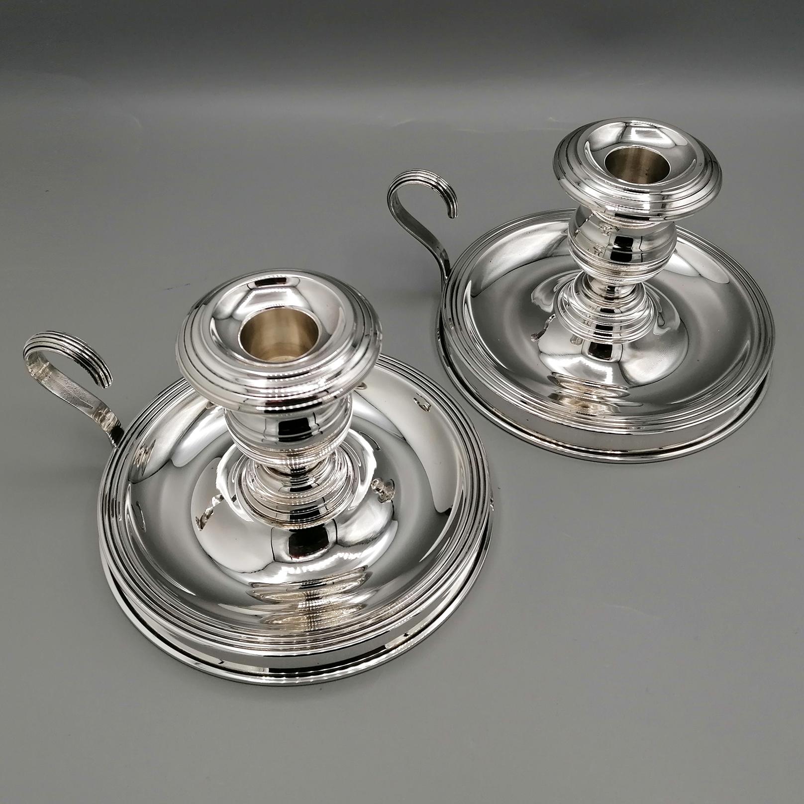 Forged XX° Century Italian Sterling Silver Pair of Chamberscticks For Sale