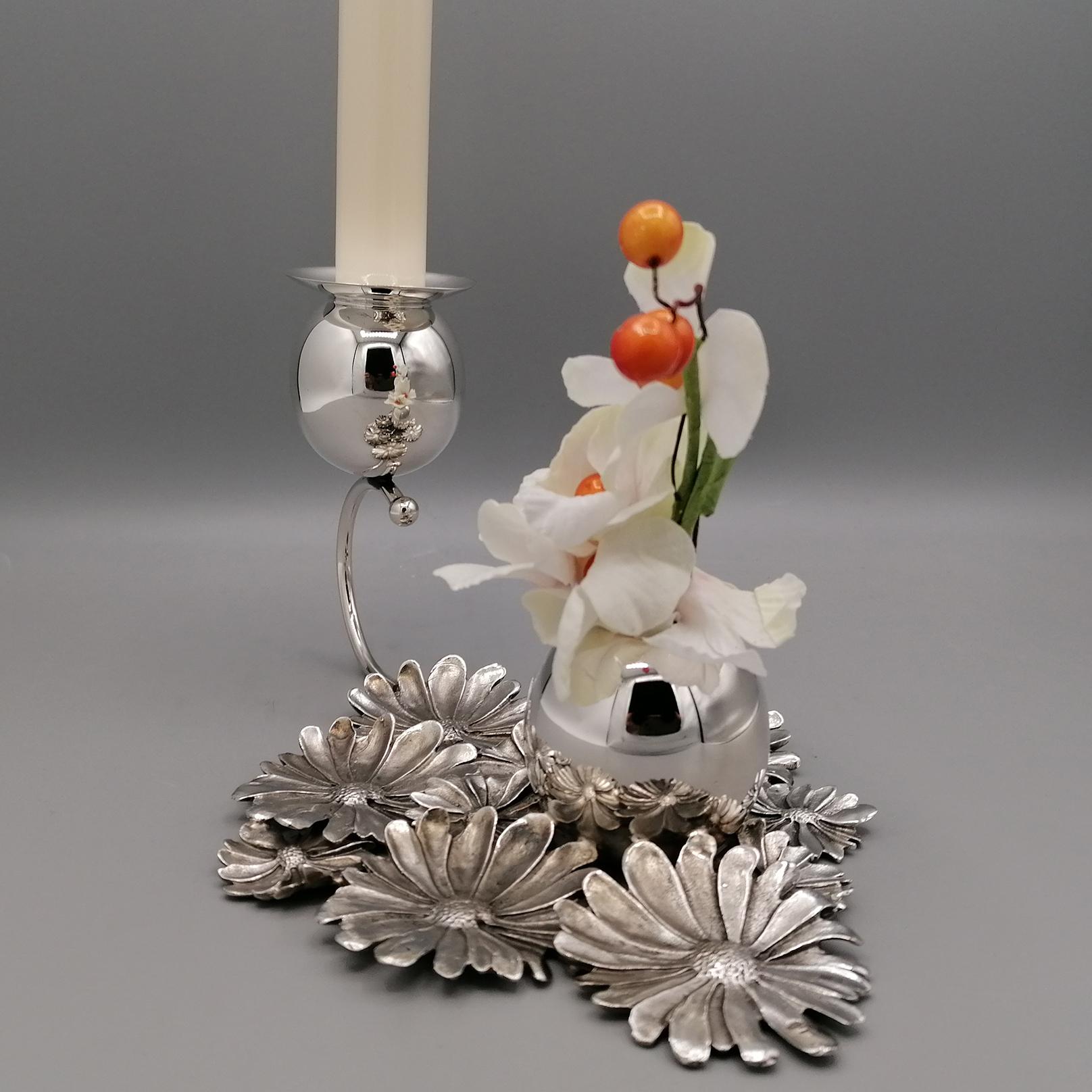 Engraved XX Century Italian Sterling Silver Candlestick with flowers holder  For Sale