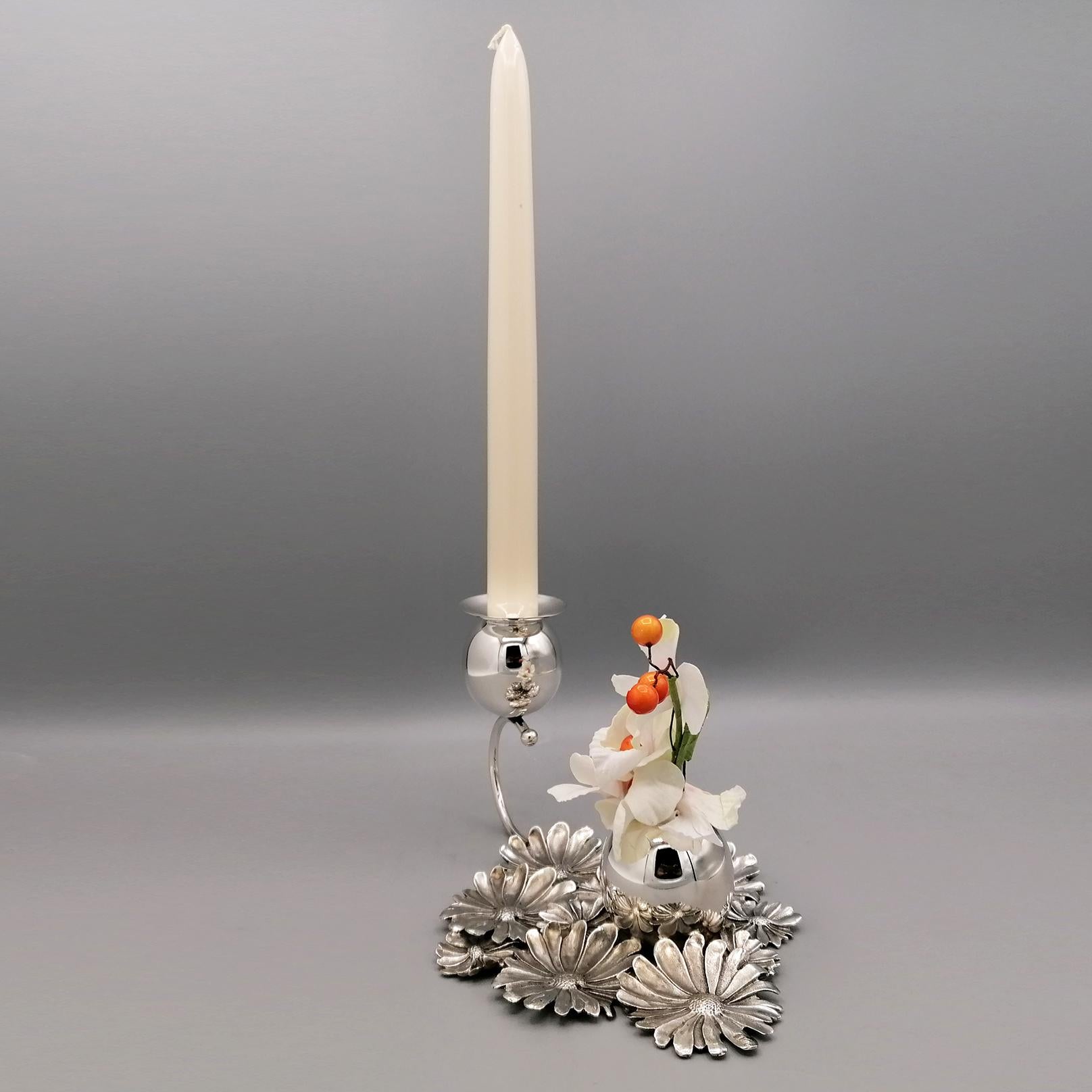 XX Century Italian Sterling Silver Candlestick with flowers holder  In Excellent Condition For Sale In VALENZA, IT