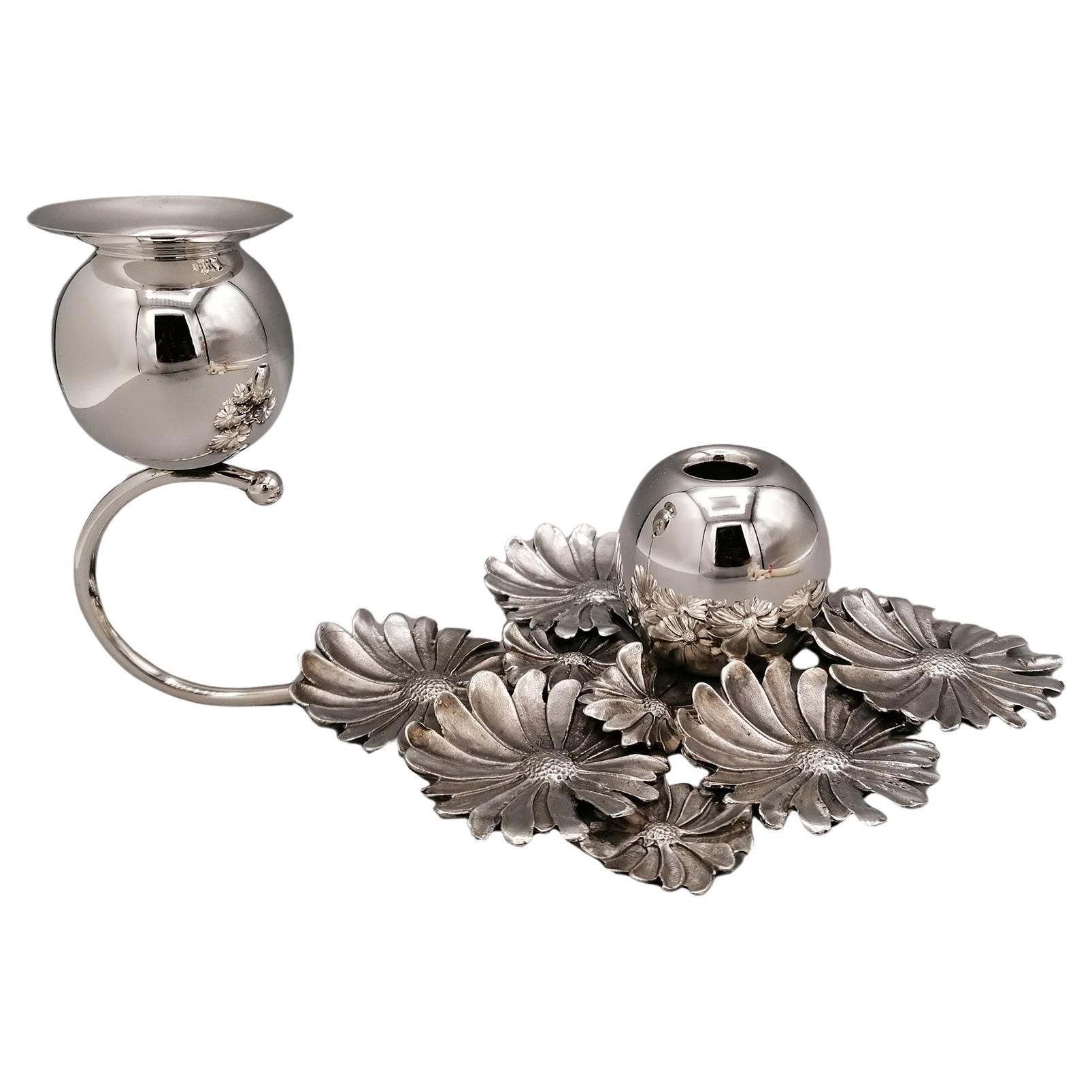 XX Century Italian Sterling Silver Candlestick with flowers holder For Sale