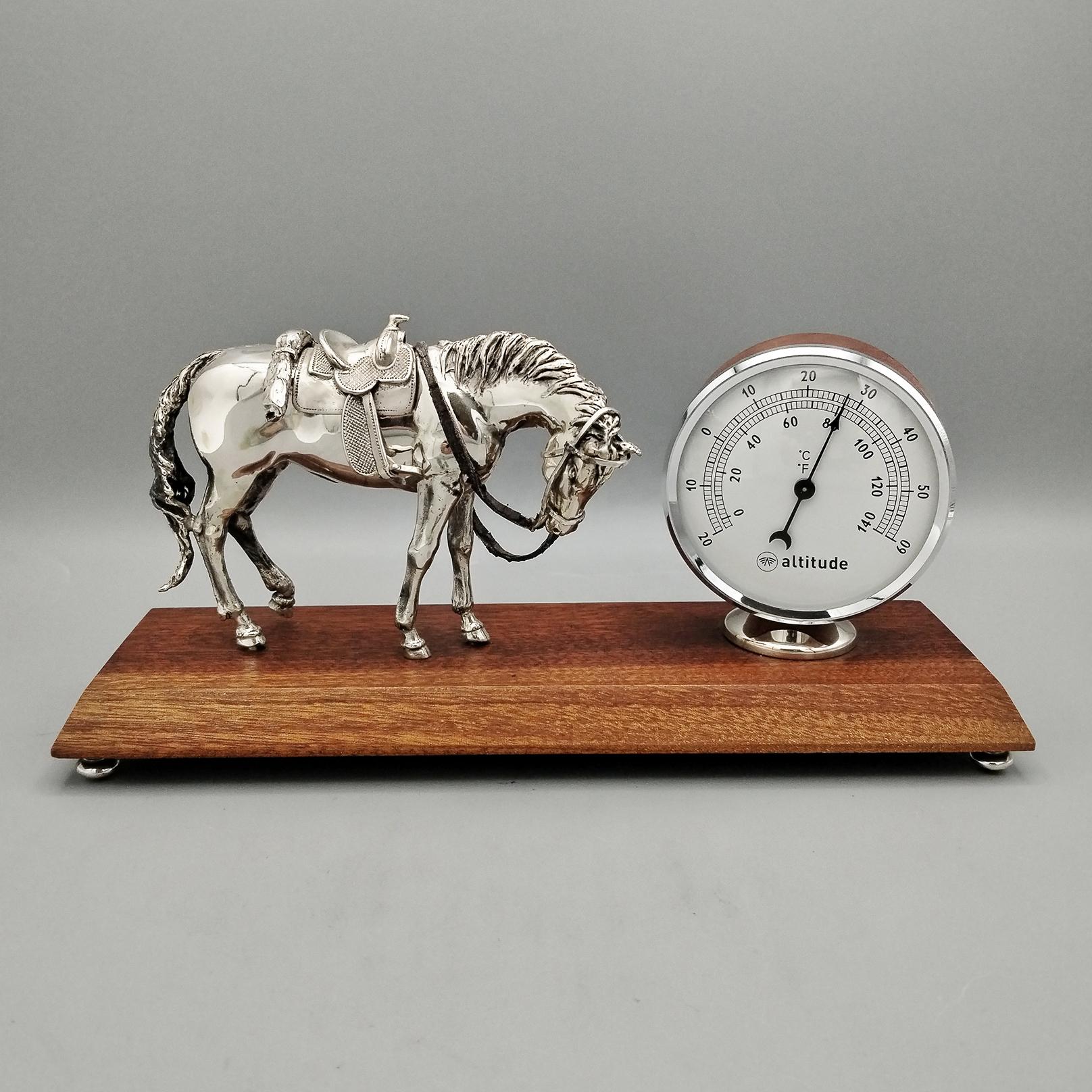 20. Jahrhundert Italienisch Sterling Silber Pferd  und Thermometer im Holzsockel im Angebot 4