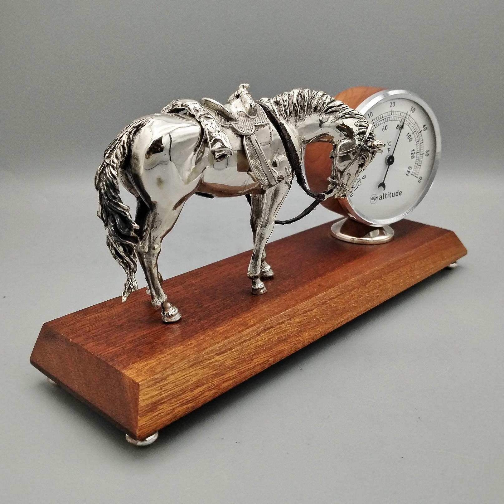 20. Jahrhundert Italienisch Sterling Silber Pferd  und Thermometer im Holzsockel (Italian) im Angebot