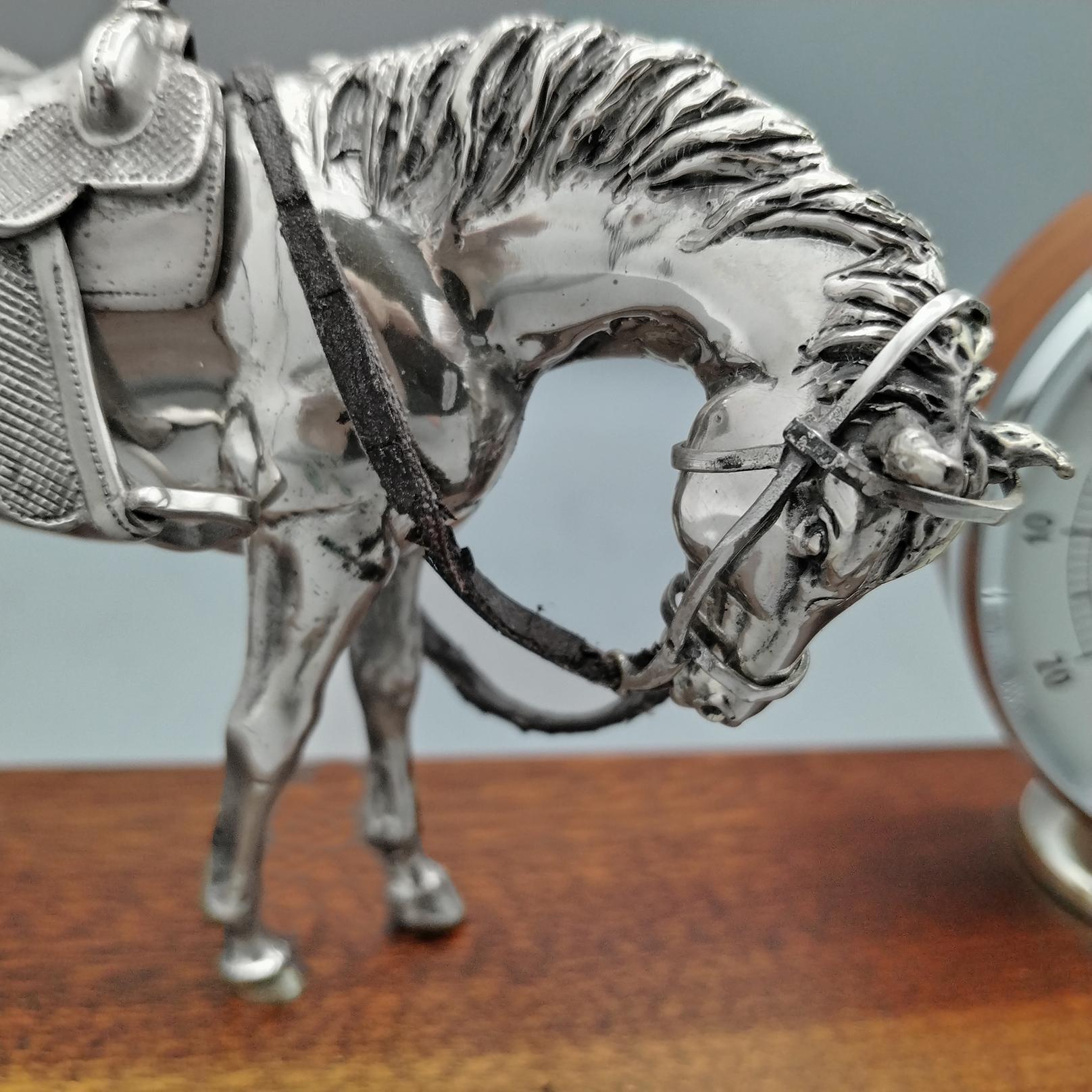 20. Jahrhundert Italienisch Sterling Silber Pferd  und Thermometer im Holzsockel (Sterlingsilber) im Angebot