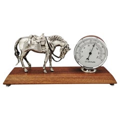 Vintage XX Century Italian Sterling Silver Horse  and thermometer in wooden base