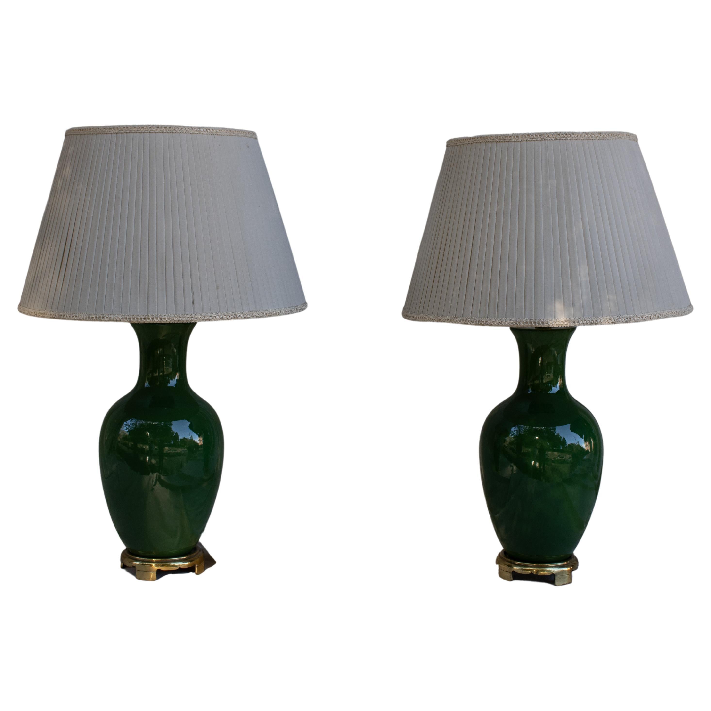 XX Century Jade Green Ceramic Table, Brass Fitting Lamps and Plissee Abatjour