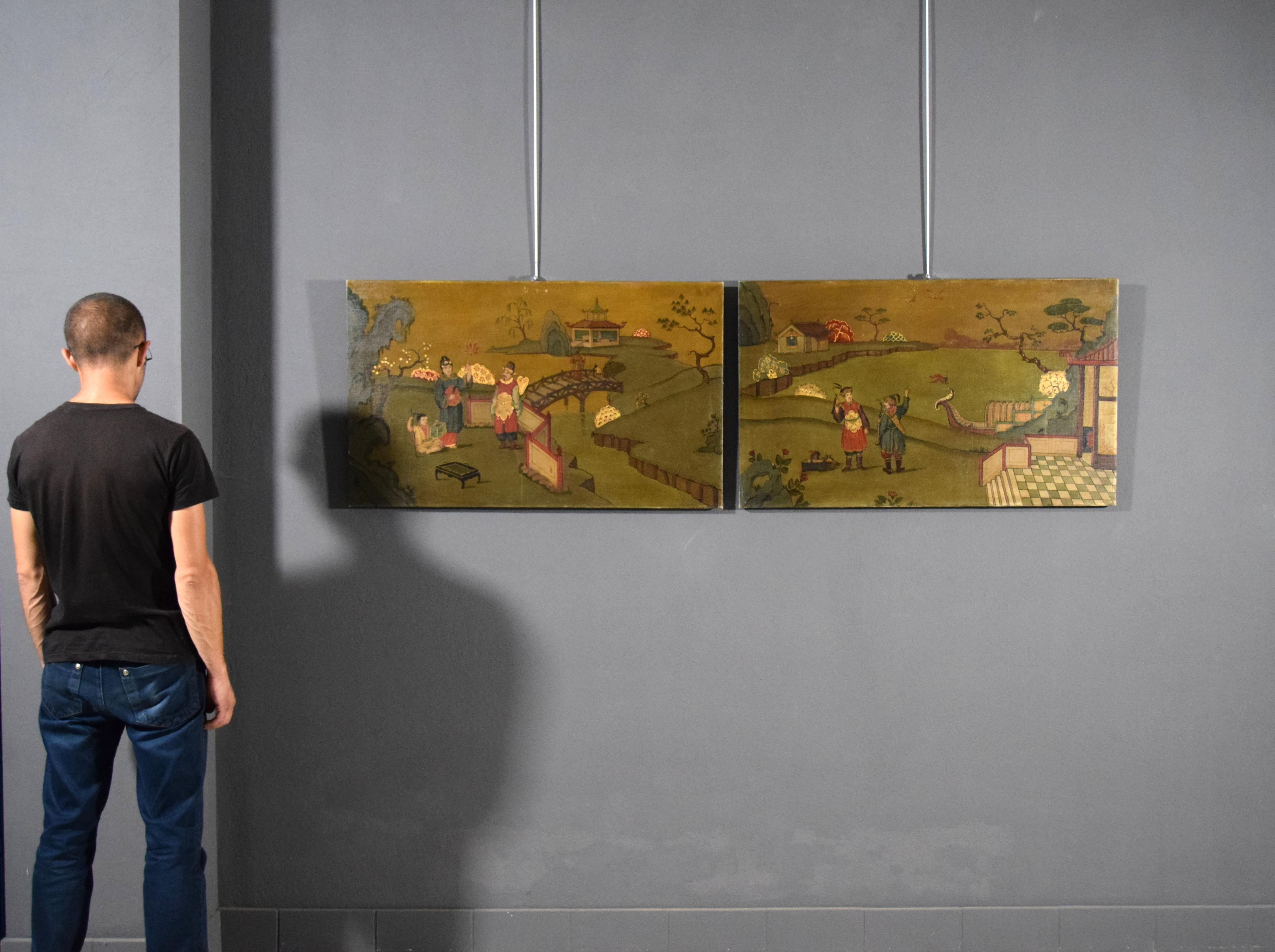 Paire de peintures à l'huile italiennes du XXe siècle représentant des paysages de chinoiseries  en vente 4