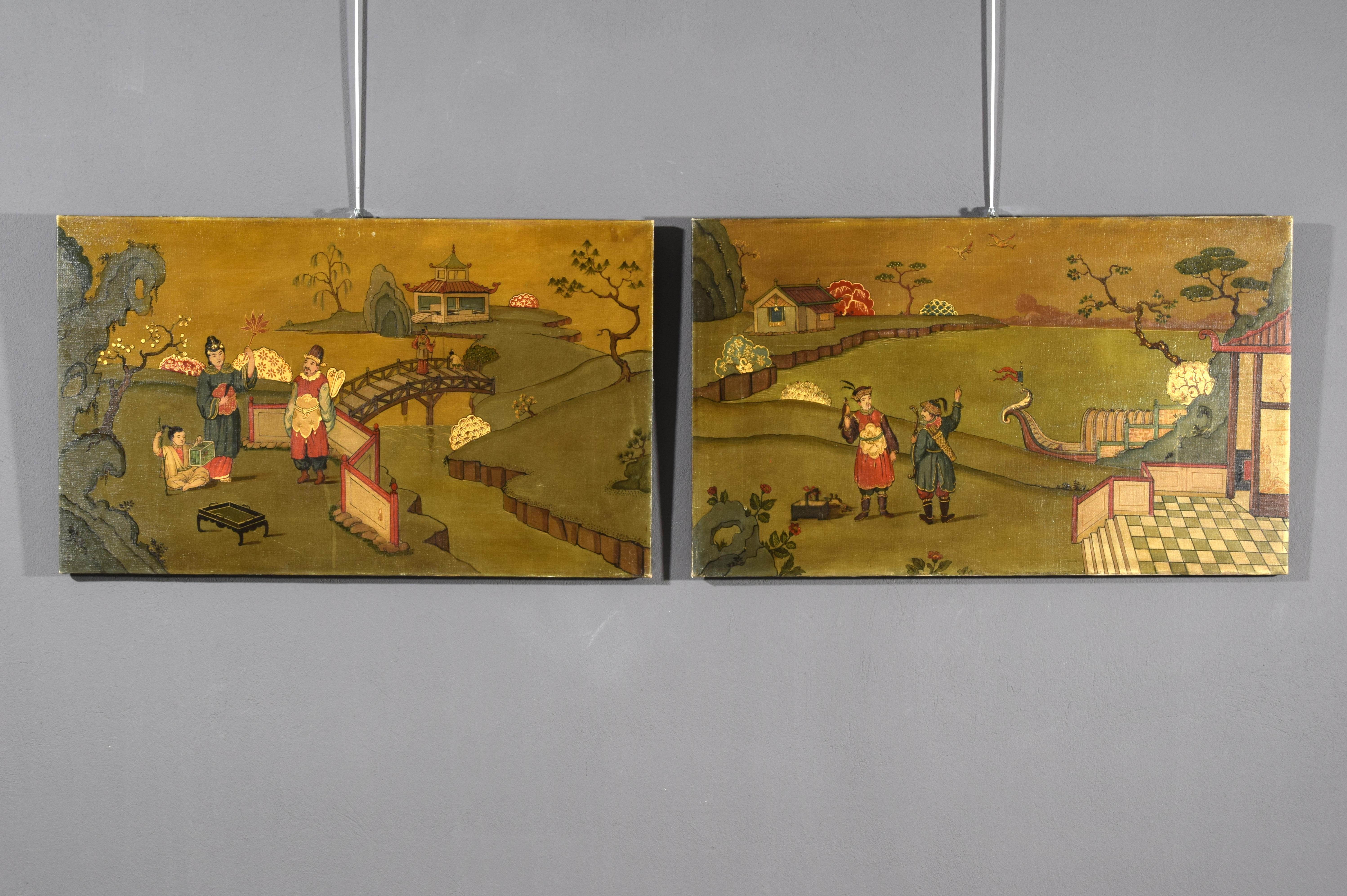 XX century, Pair of Italian Oil Paintings with Chinoiserie Landscapes  For Sale 6
