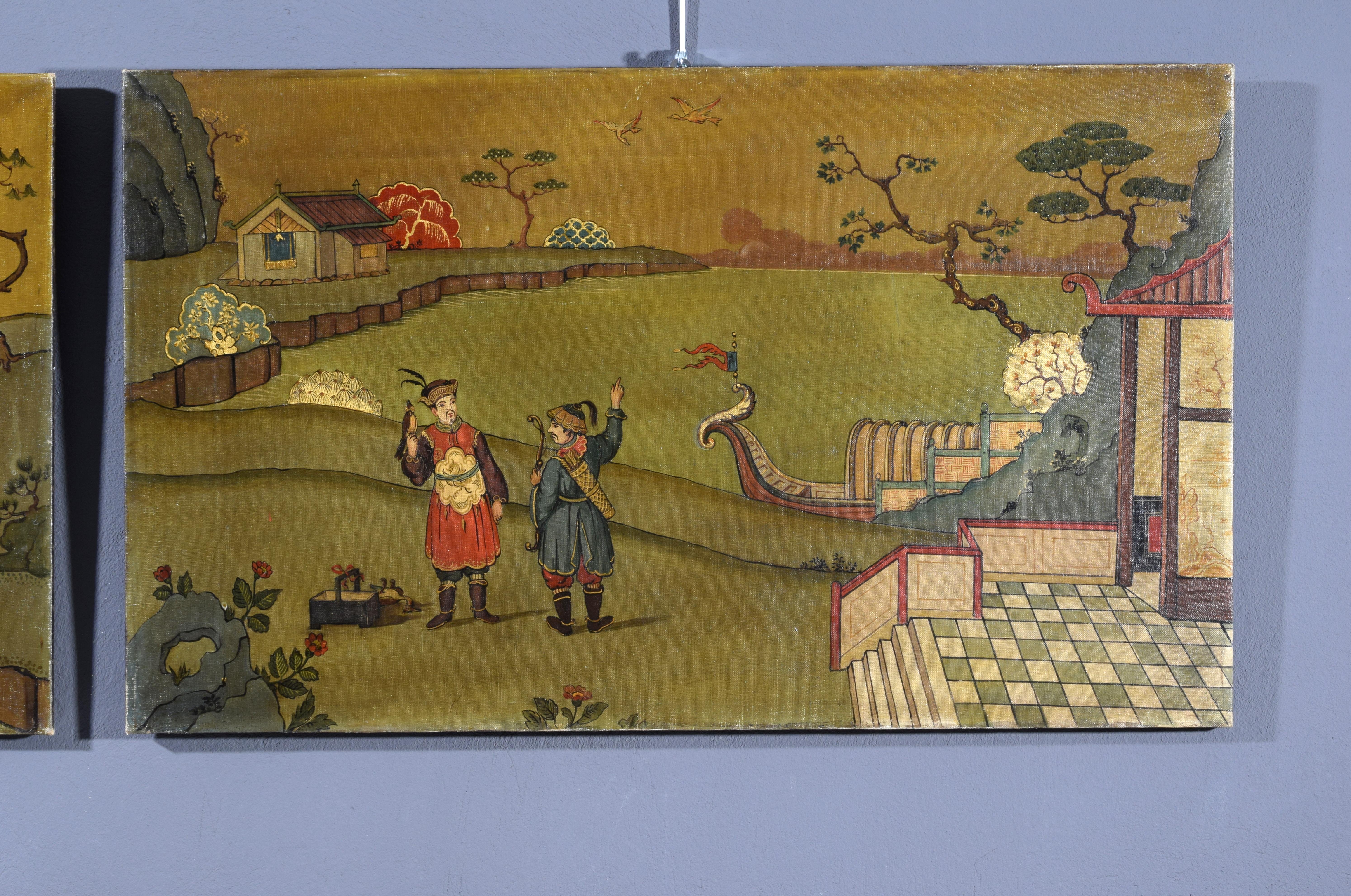 Paire de peintures à l'huile italiennes du XXe siècle représentant des paysages de chinoiseries  en vente 7