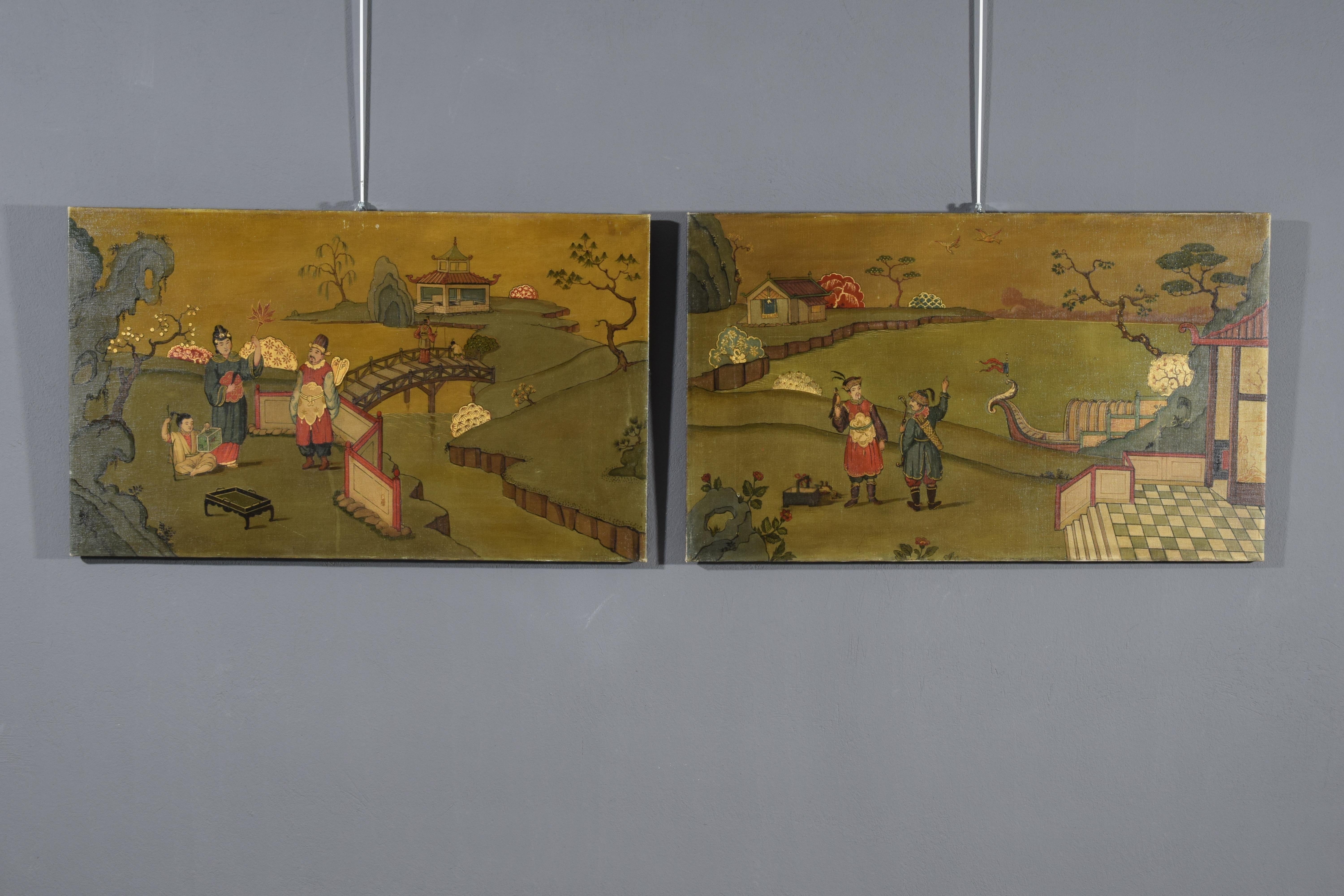 Paire de peintures à l'huile italiennes du XXe siècle représentant des paysages de chinoiseries  en vente 11
