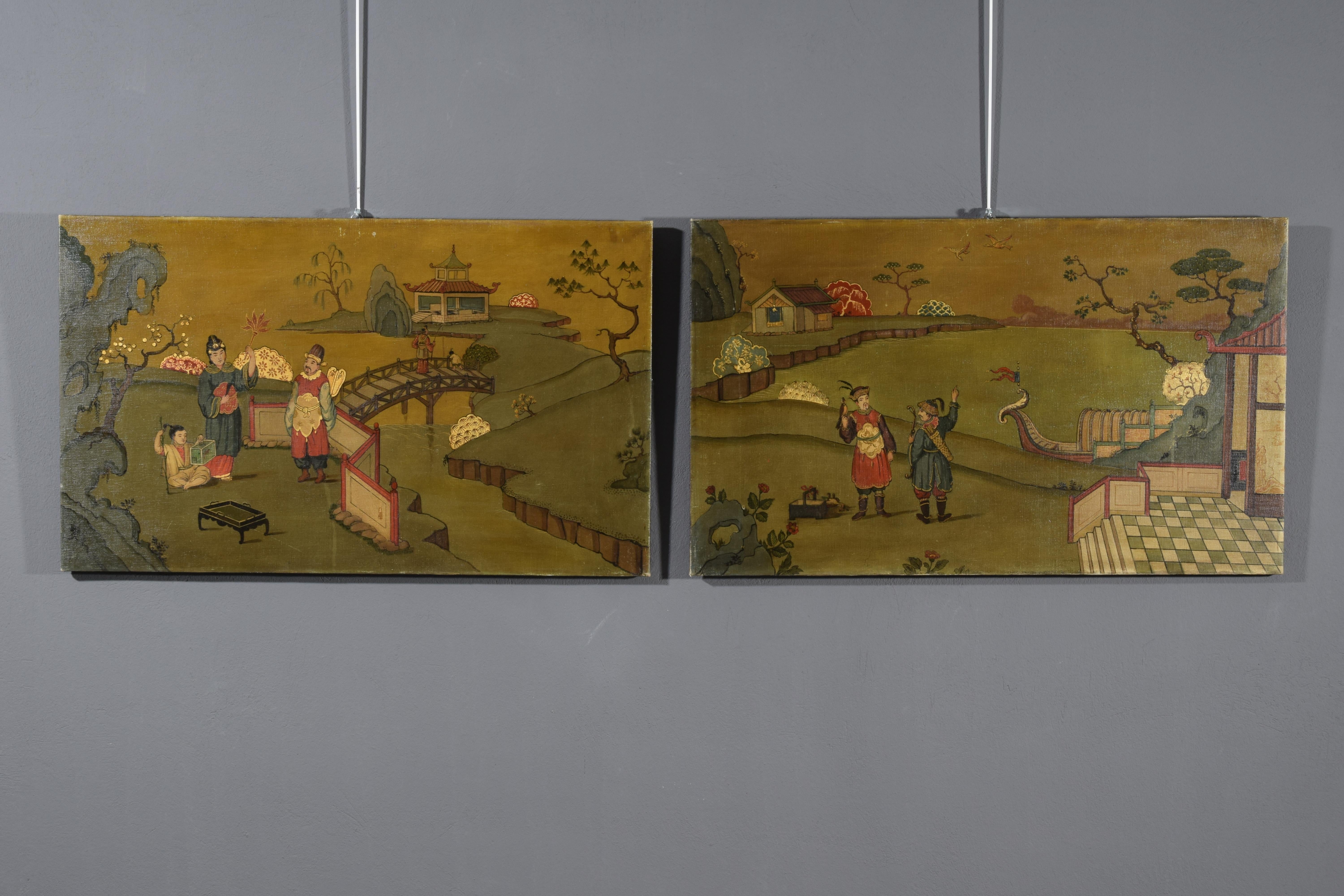 XX century, Pair of Italian Oil Paintings with Chinoiserie Landscapes  For Sale 13