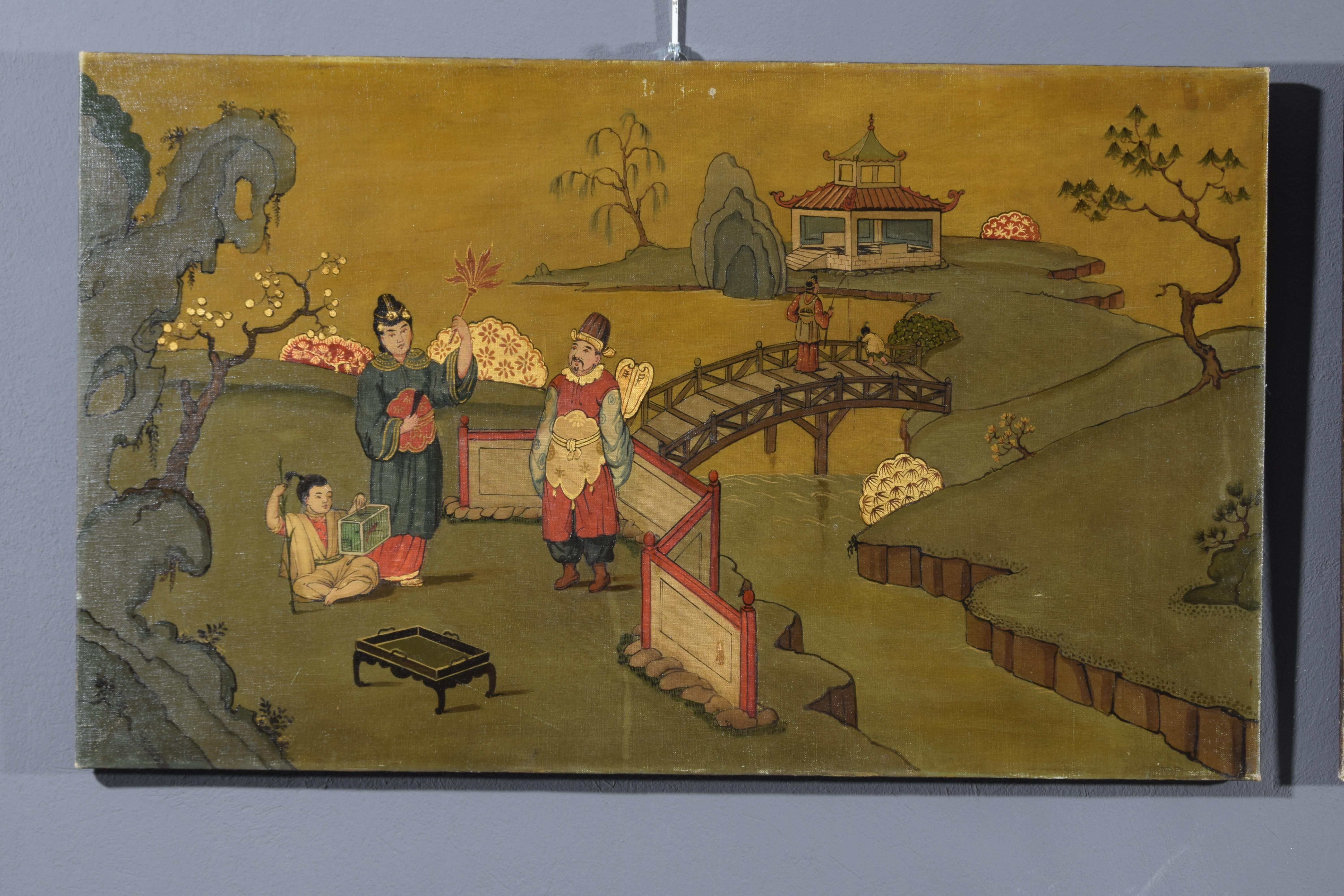 Paire de peintures à l'huile italiennes du XXe siècle représentant des paysages de chinoiseries  en vente 14