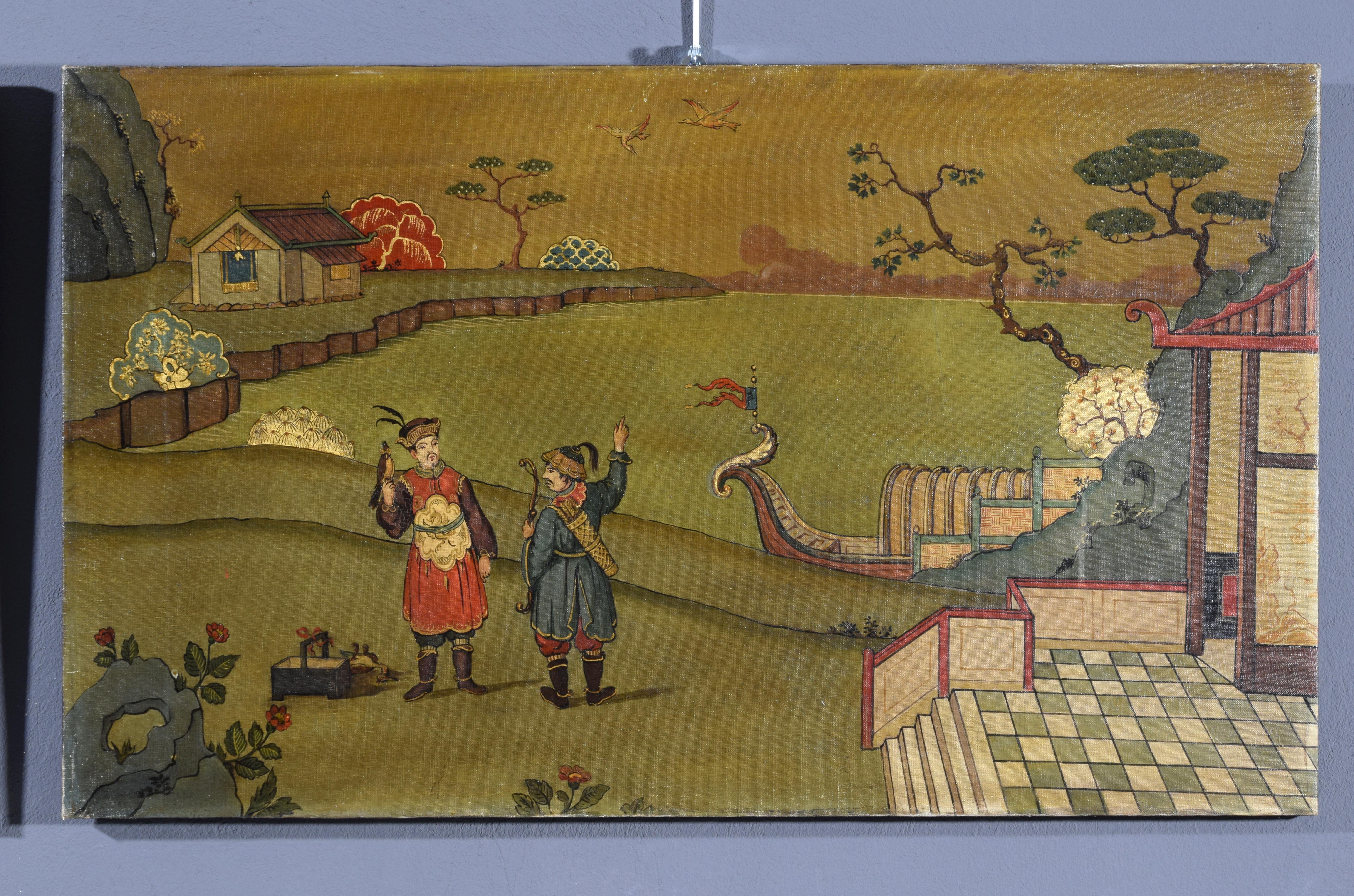 Chinoiseries Paire de peintures à l'huile italiennes du XXe siècle représentant des paysages de chinoiseries  en vente