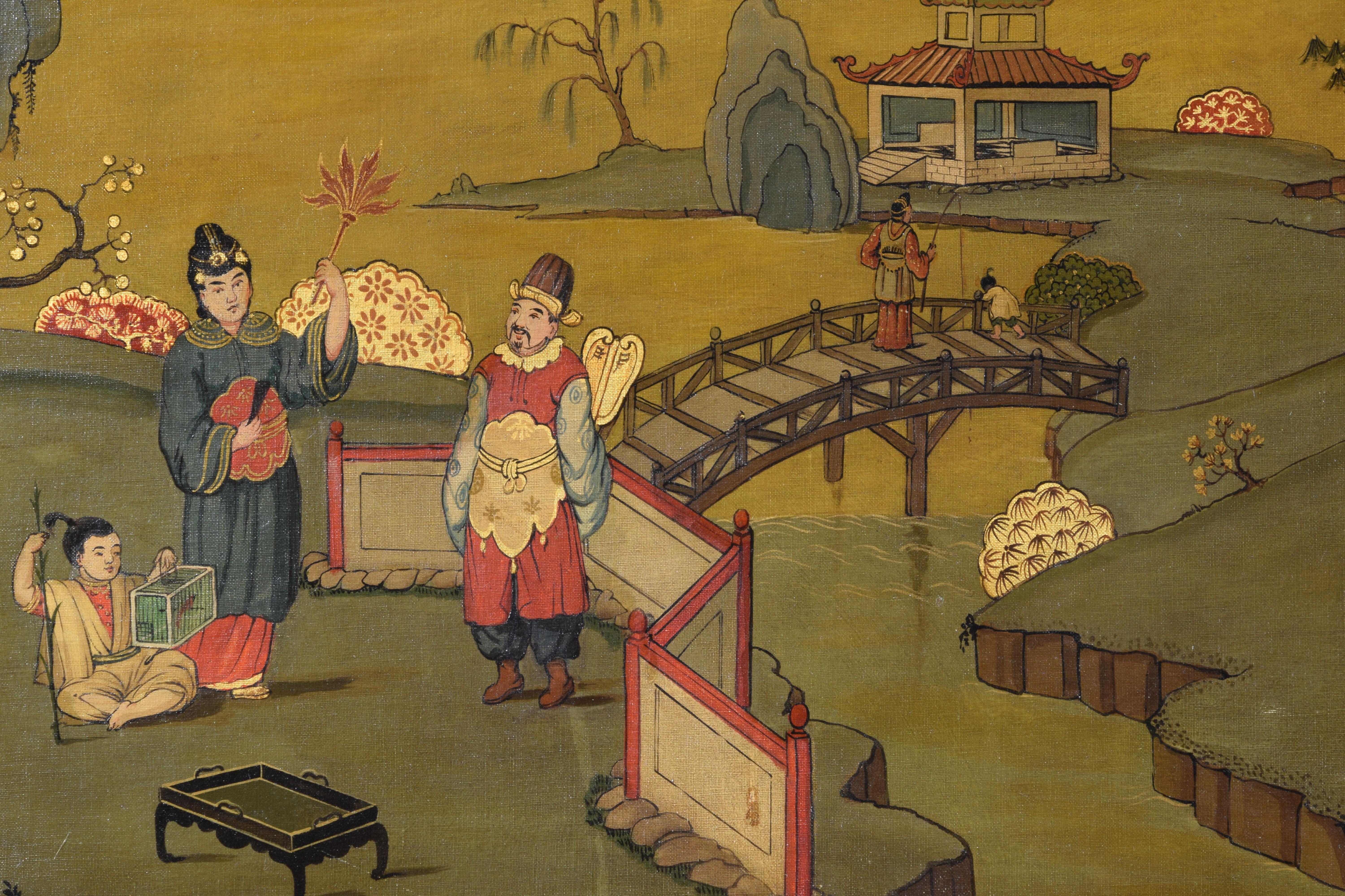 Peint à la main Paire de peintures à l'huile italiennes du XXe siècle représentant des paysages de chinoiseries  en vente