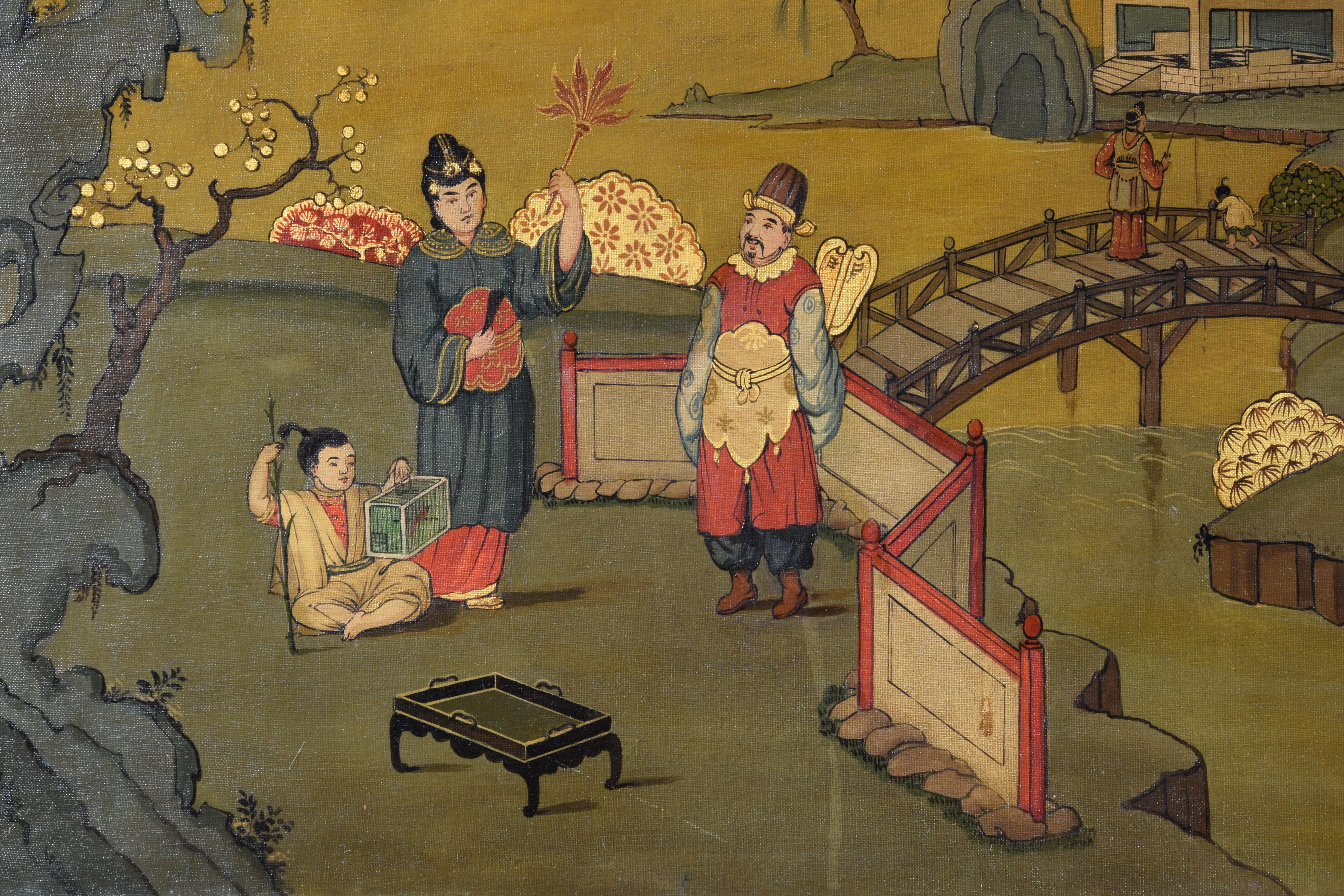 20ième siècle Paire de peintures à l'huile italiennes du XXe siècle représentant des paysages de chinoiseries  en vente