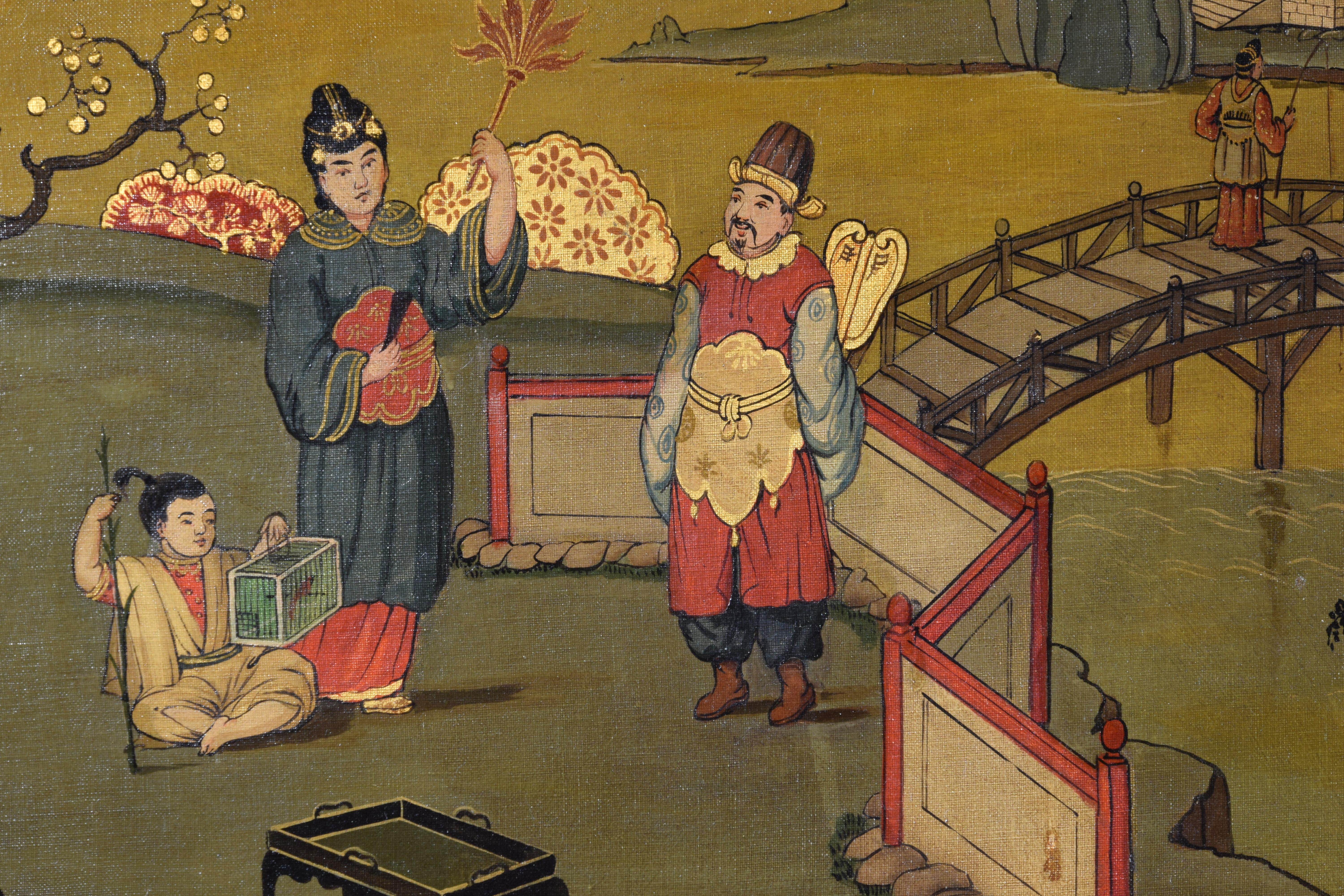 Toile Paire de peintures à l'huile italiennes du XXe siècle représentant des paysages de chinoiseries  en vente