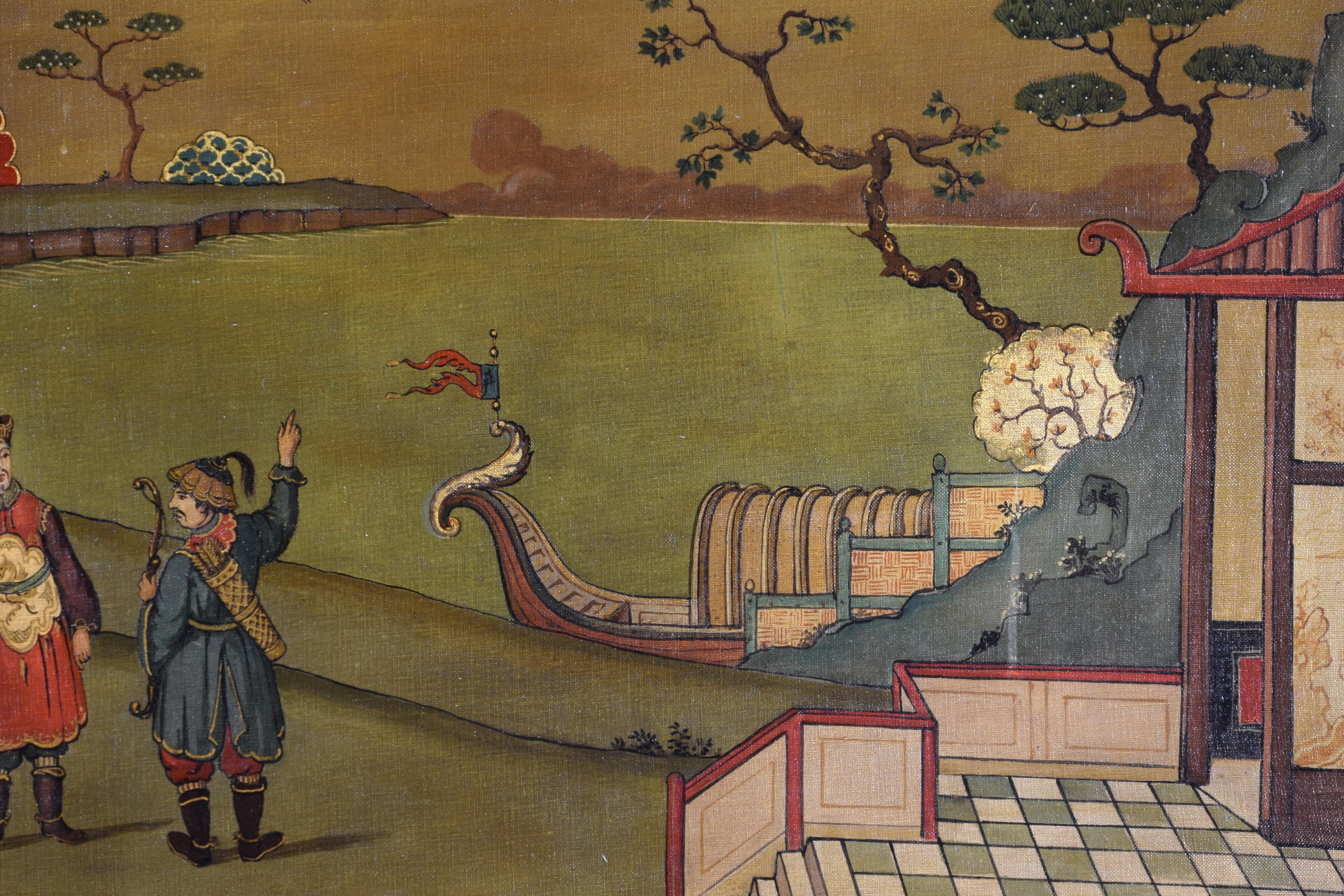 Paire de peintures à l'huile italiennes du XXe siècle représentant des paysages de chinoiseries  en vente 2