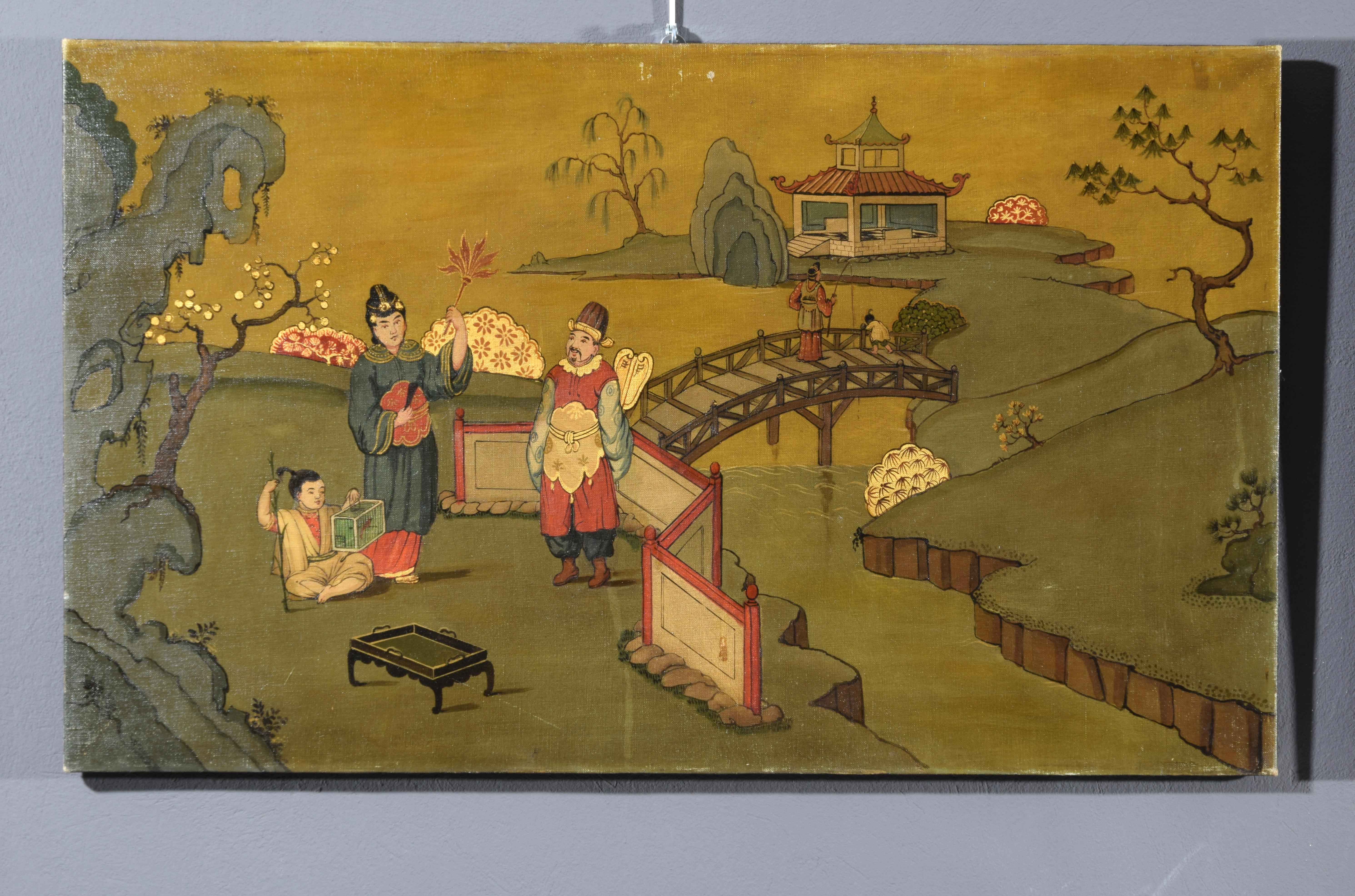 Paire de peintures à l'huile italiennes du XXe siècle représentant des paysages de chinoiseries  en vente 3