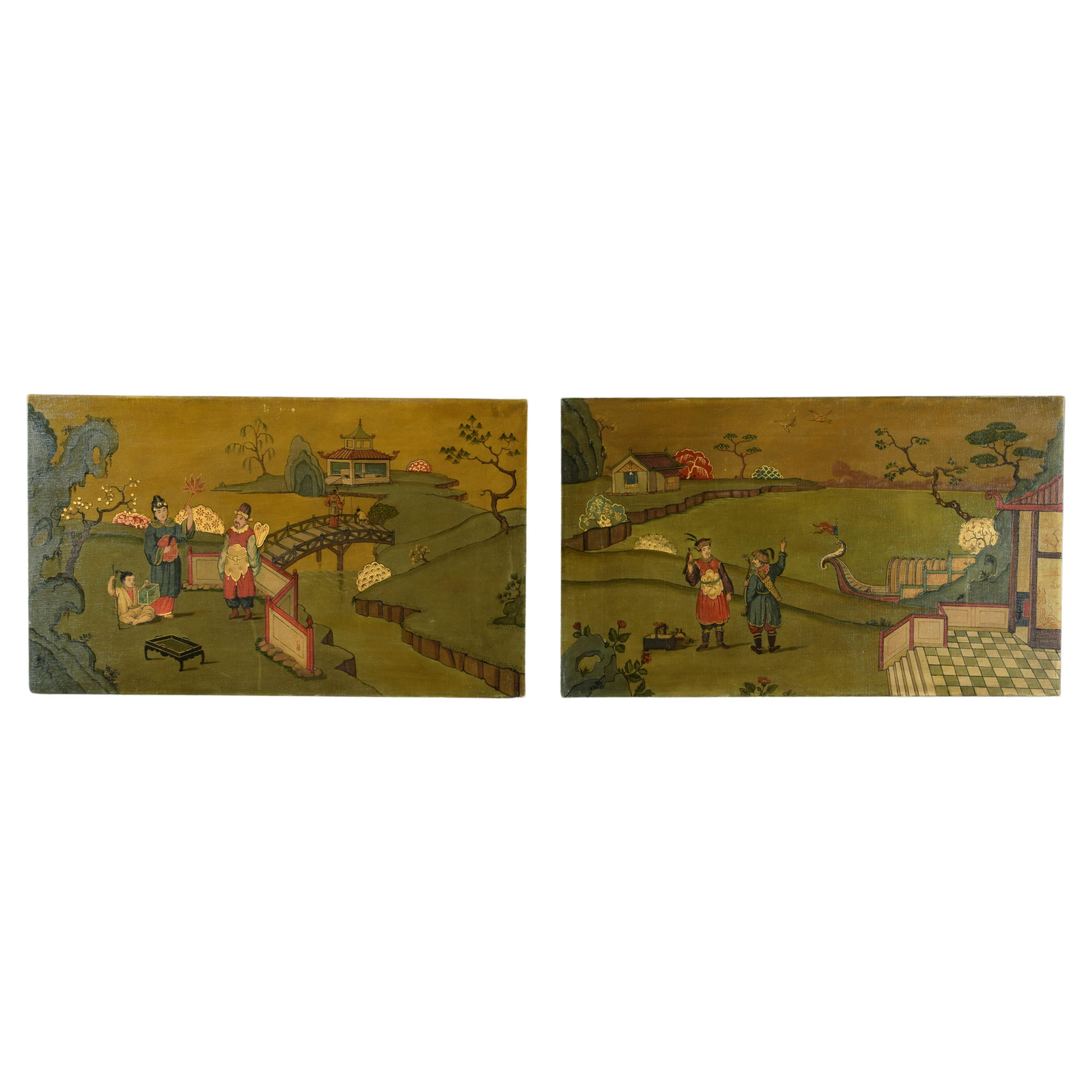 XX century, Pair of Italian Oil Paintings with Chinoiserie Landscapes  For Sale