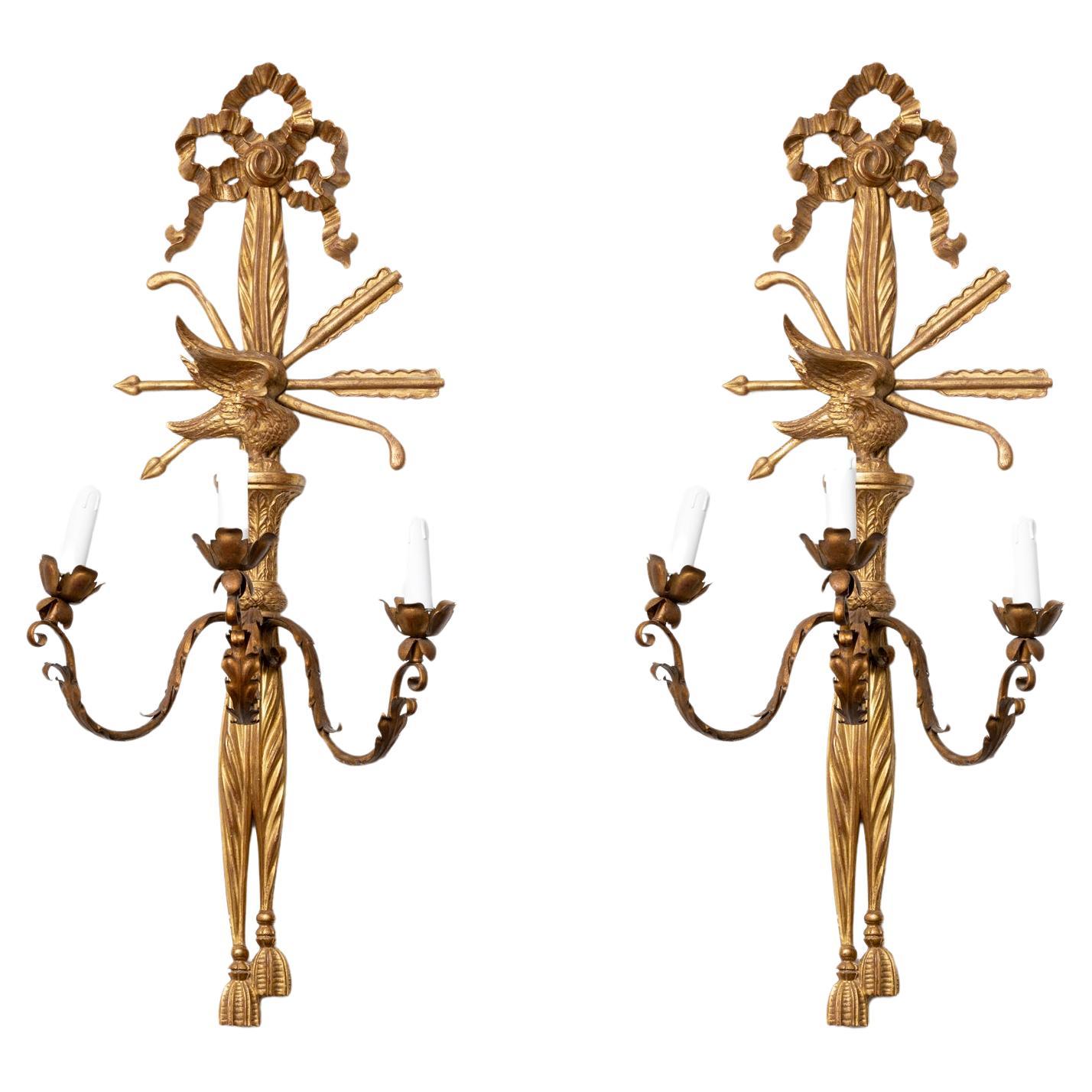 Paire d'appliques lumineuses des Flandres du XXe siècle en bois polychrome et bronze