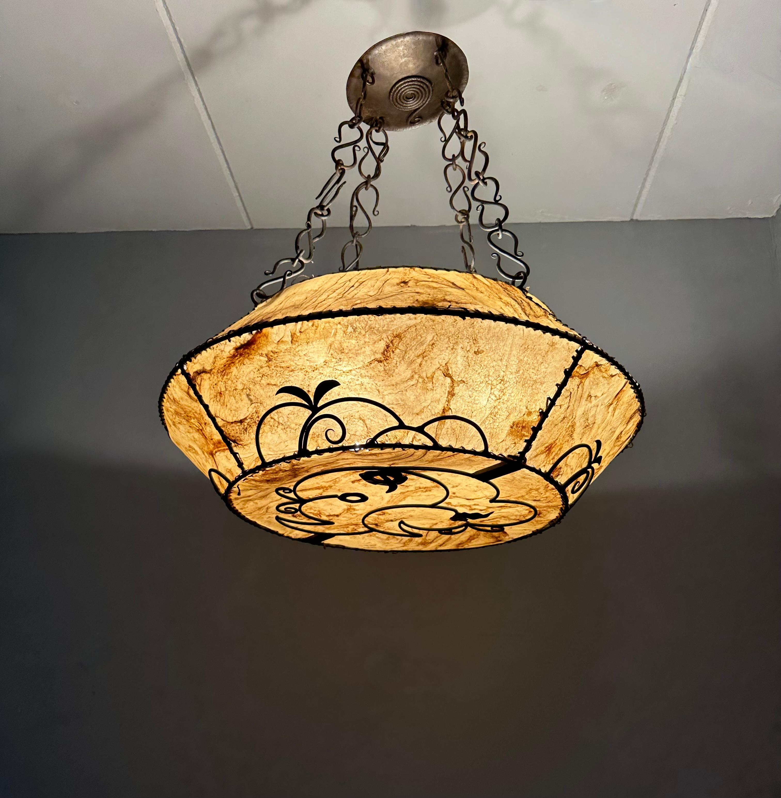 XX Grande lampe suspendue de style AND Lights Light Craft w. Abat-jour en cuir dans un cadre en fer forgé en vente 2