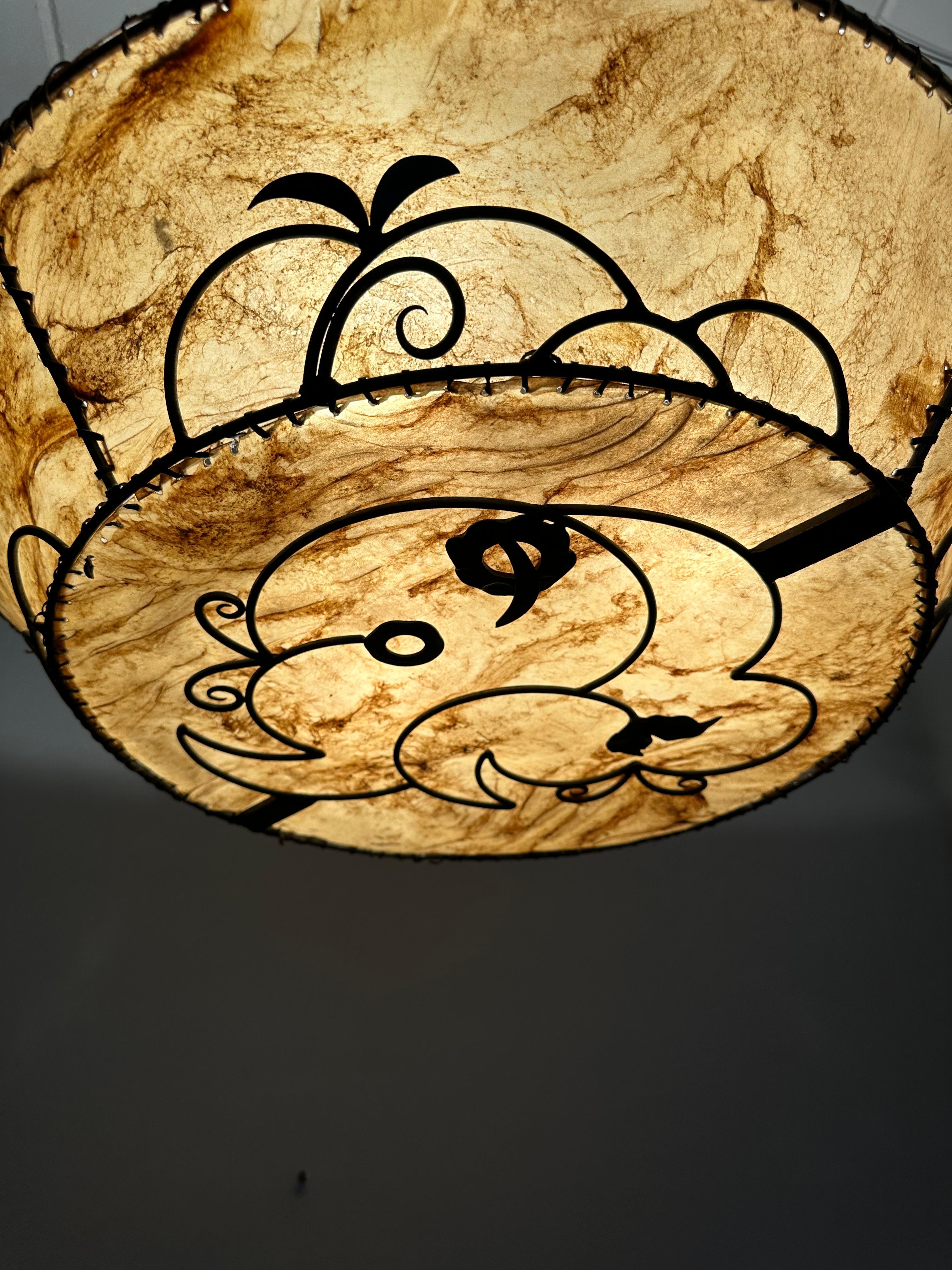 XX Grande lampe suspendue de style AND Lights Light Craft w. Abat-jour en cuir dans un cadre en fer forgé en vente 7