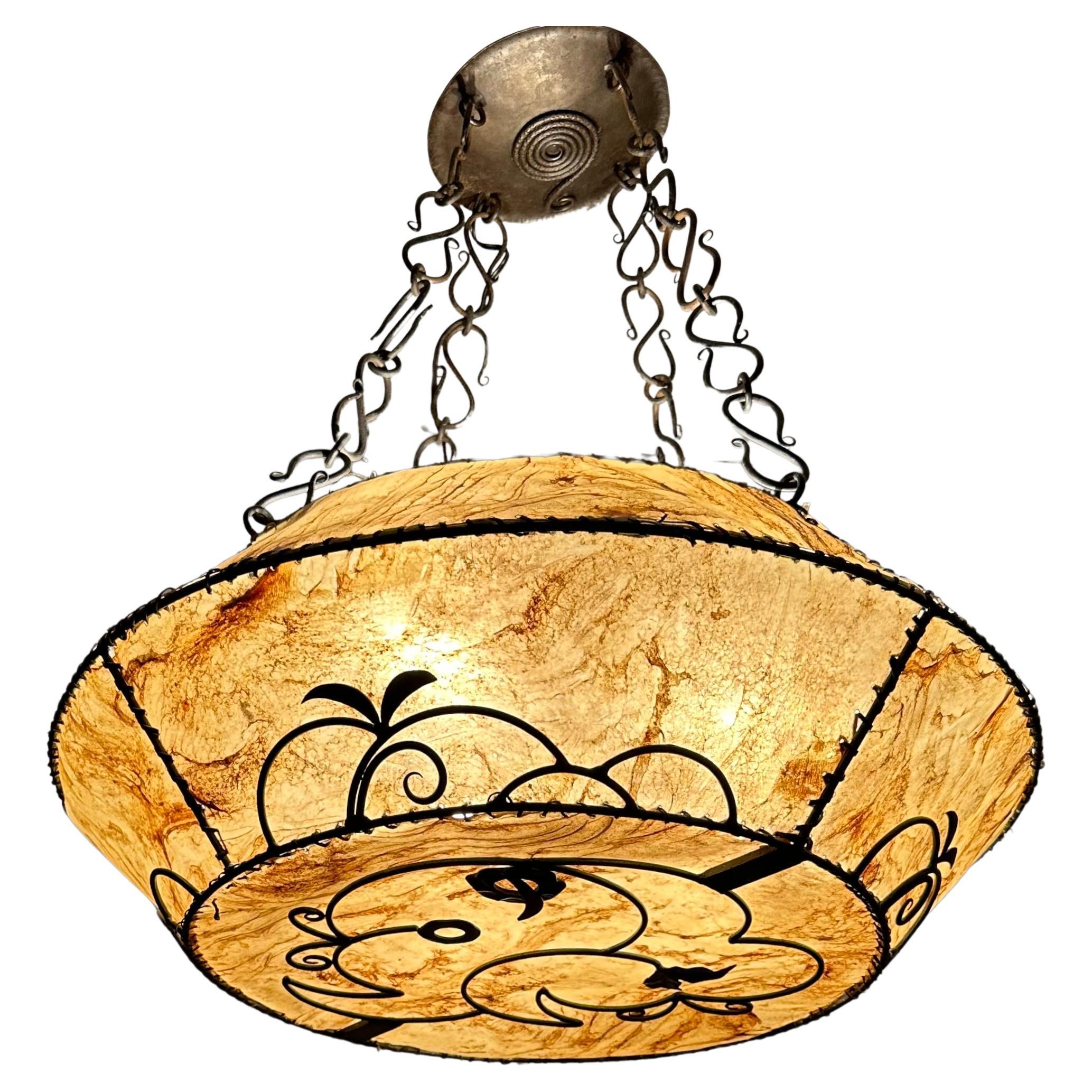 XX Large Arts & Crafts Pendant Light w. Leather Hide Shade in Wrought Iron Frame