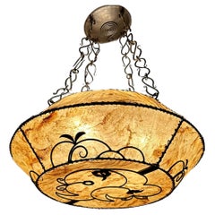 XX Large Arts & Crafts Pendant Light w. Leather Hide Shade in Wrought Iron Frame