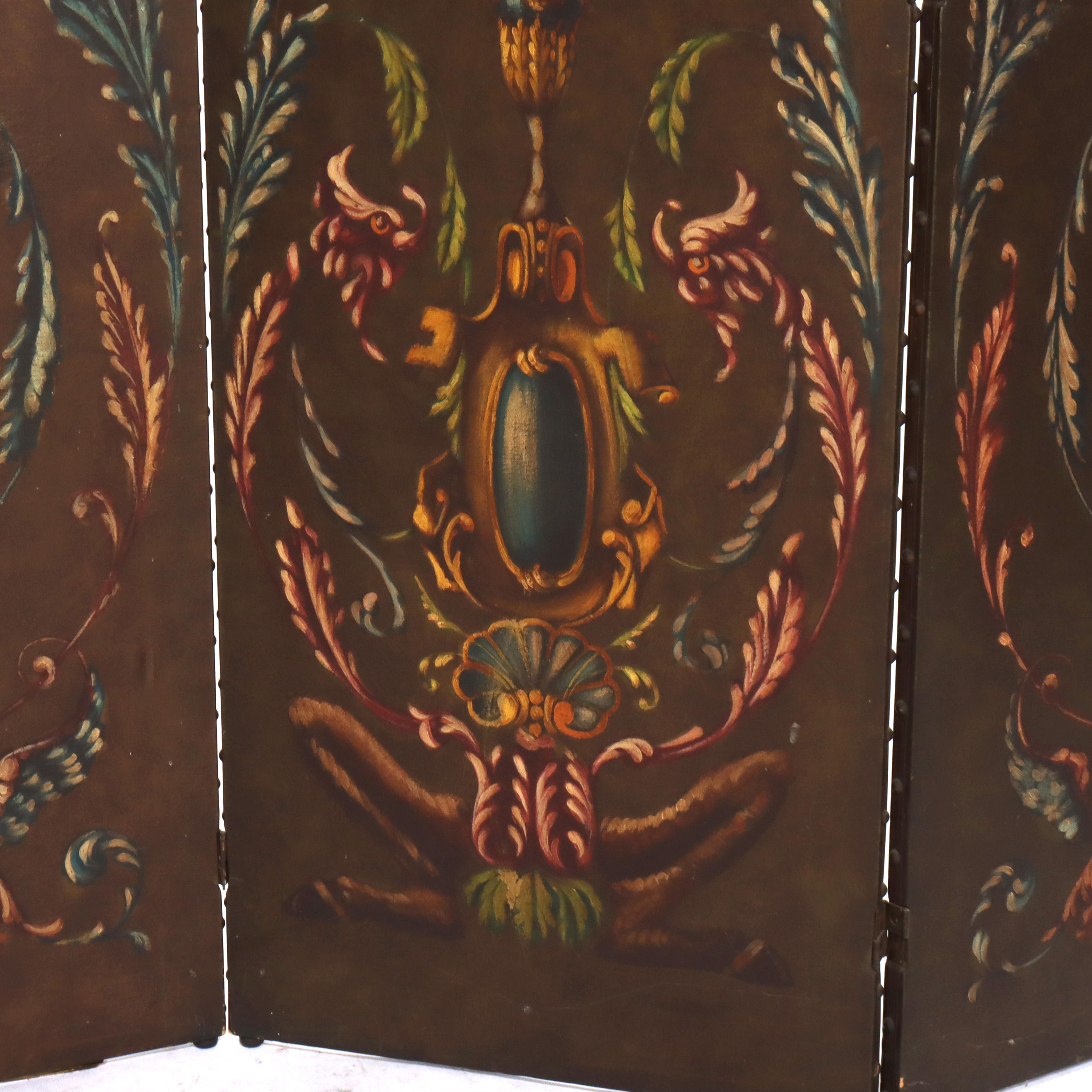 Paravent ancien à trois panneaux en cuir peint à la main Début du 20e siècle
Mesures - 69,25 