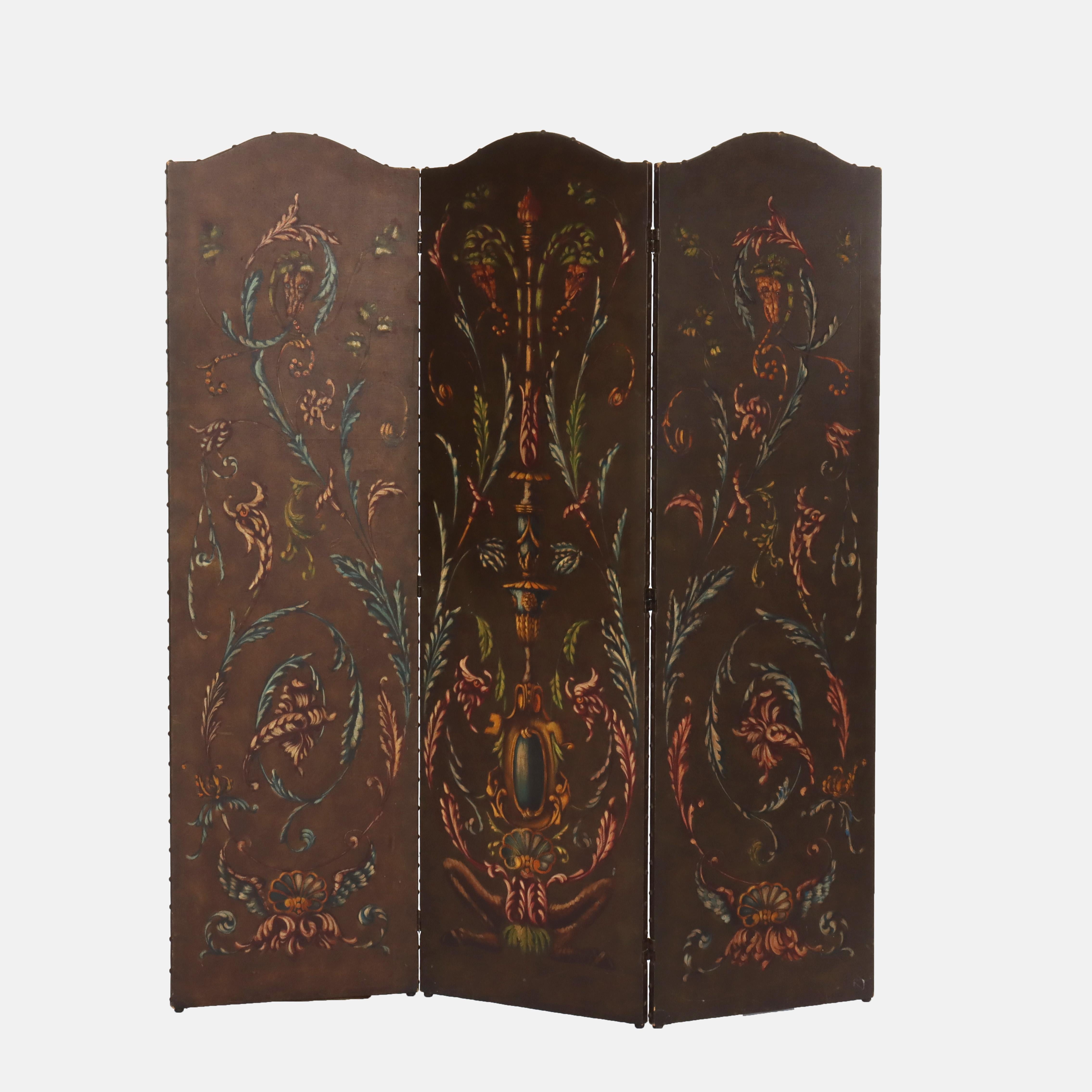 XX PICS Paravent ancien en cuir peint à la main, à trois panneaux, non signé, 20ème siècle Bon état - En vente à Big Flats, NY